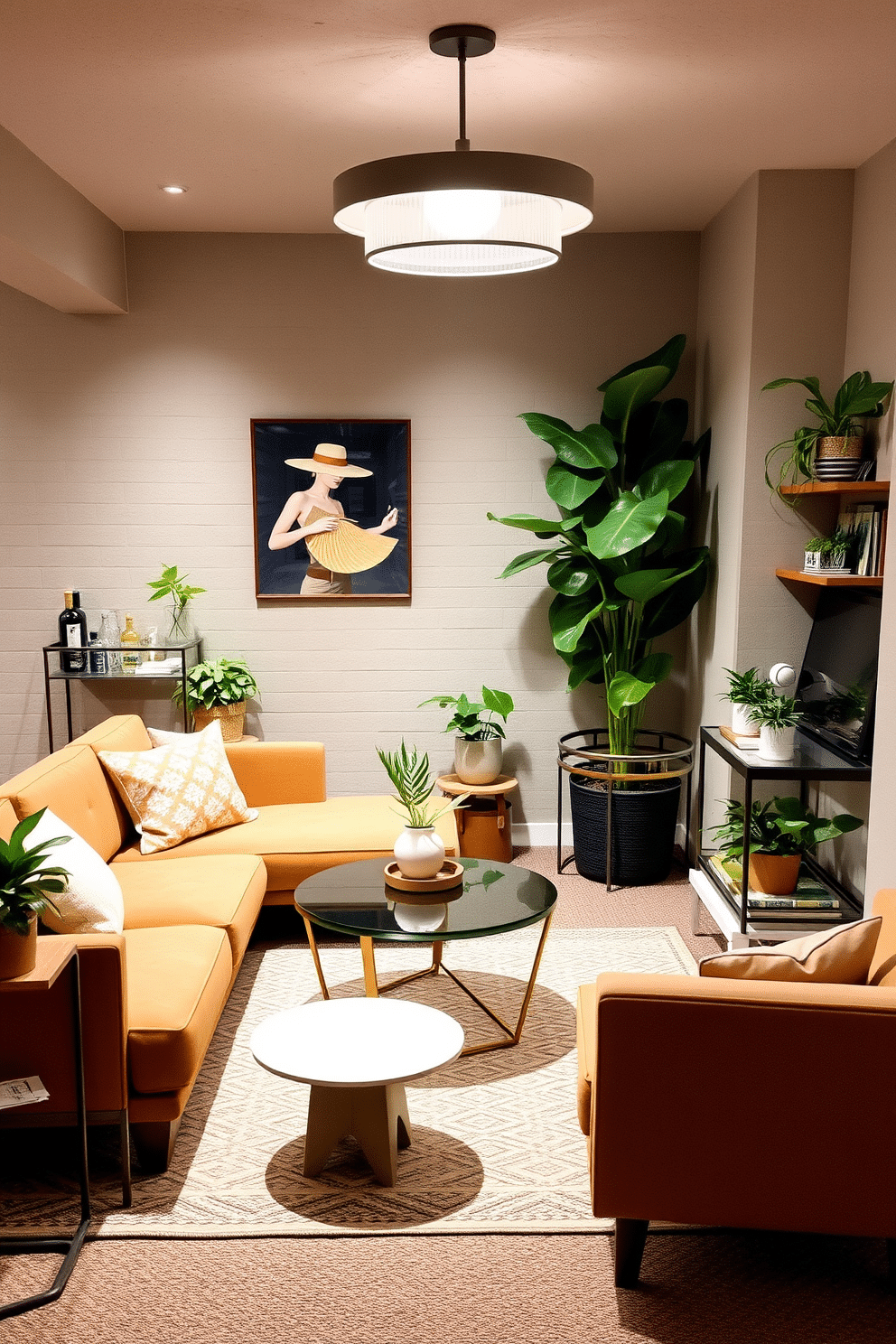 A cozy basement designed in Mid Century Modern style, featuring a large sectional sofa in a warm, earthy tone. The space is adorned with geometric coffee tables, a retro bar cart, and a statement light fixture that hangs from the ceiling. Lush indoor plants are strategically placed throughout the room to create a fresh and inviting atmosphere. A tall fiddle leaf fig stands in the corner, while smaller potted plants are arranged on shelves and side tables, adding a touch of greenery to the design.