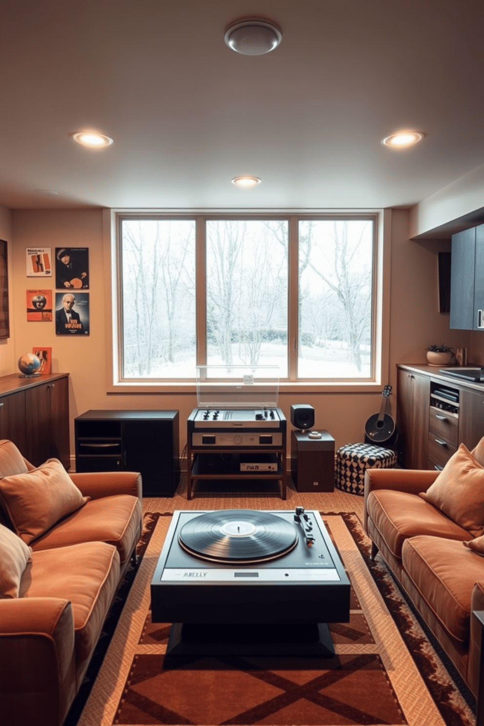 A vintage record player takes center stage in a cozy basement, surrounded by plush, low-profile seating in rich earth tones. The walls are adorned with retro album covers, while warm lighting creates an inviting atmosphere perfect for music enthusiasts. Incorporating Mid Century Modern elements, the basement features sleek wooden cabinetry and geometric patterns in the rug. Large windows allow natural light to flood the space, highlighting the clean lines and organic shapes characteristic of the design style.