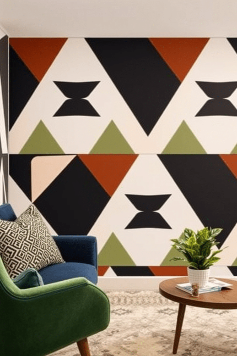 Bold geometric wallpaper for accent walls. The vibrant patterns create a striking focal point, enhancing the overall aesthetic of the room. Mid Century Modern Basement Design Ideas. Incorporate sleek lines and organic shapes, using a mix of rich woods and bold colors to evoke a sense of timeless elegance.