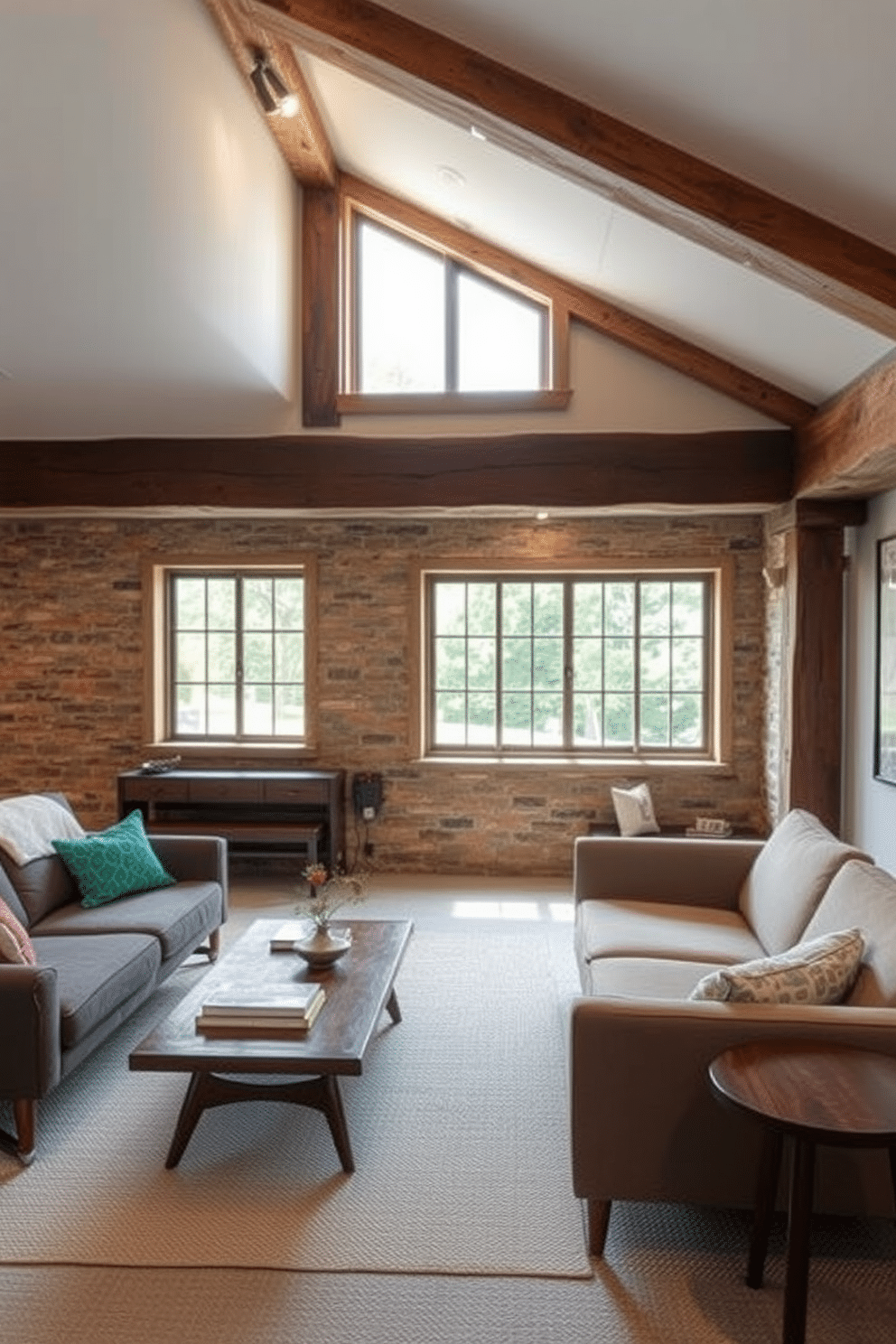 A cozy basement featuring rustic wooden beams that add architectural detail to the space. The design incorporates Mid Century Modern furniture, including a sleek sofa and a stylish coffee table, creating a perfect blend of warmth and sophistication. Natural light filters in through large windows, illuminating the rich textures of the exposed wood and the soft upholstery. The color palette combines earthy tones with vibrant accents, enhancing the inviting atmosphere of this stylish basement retreat.