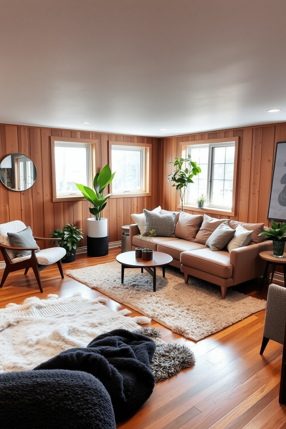 A cozy basement retreat featuring soft textiles that create a welcoming atmosphere. Plush area rugs cover the hardwood floor, while oversized cushions are scattered across a sleek sectional sofa in muted earth tones. The walls are adorned with warm wood paneling, complemented by Mid Century Modern furniture pieces, including a stylish coffee table and retro accent chairs. Large windows allow natural light to flood the space, enhancing the inviting ambiance with a touch of greenery from potted plants placed strategically around the room.