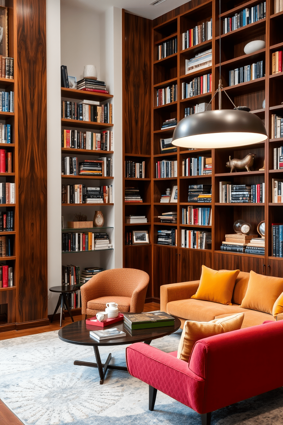 A cozy library featuring floor-to-ceiling bookshelves made of rich walnut wood, filled with an eclectic mix of books and decorative objects. A comfortable reading nook is nestled in one corner, with a plush armchair upholstered in a warm, textured fabric and a small side table for drinks. A stylish Mid Century Modern basement designed for relaxation and entertainment, showcasing sleek lines and organic shapes. The space includes a low-profile sofa in a vibrant color, a retro coffee table, and a statement pendant light that adds a touch of elegance to the overall aesthetic.