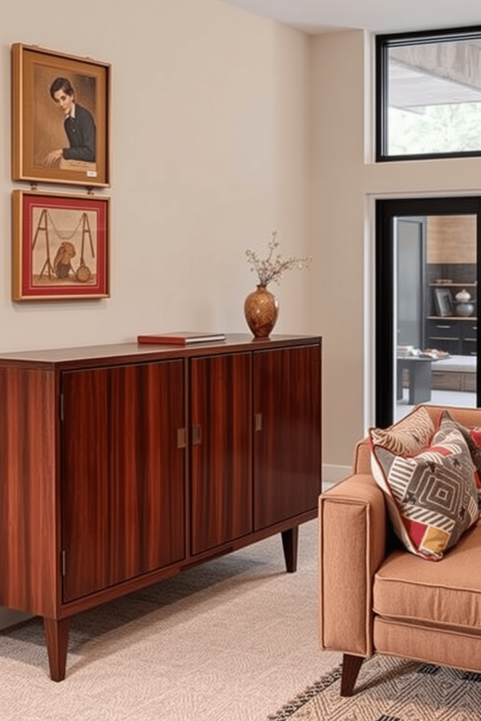 A classic credenza crafted from rich walnut wood features sleek lines and elegant brass hardware. It stands against a backdrop of soft, neutral walls, adorned with tasteful artwork that complements the warm tones of the furniture. In a Mid Century Modern basement, open spaces are enhanced by large windows that invite natural light. The design incorporates a cozy seating area with a low-profile sofa, geometric patterns, and vibrant accent pillows that reflect the era's iconic style.