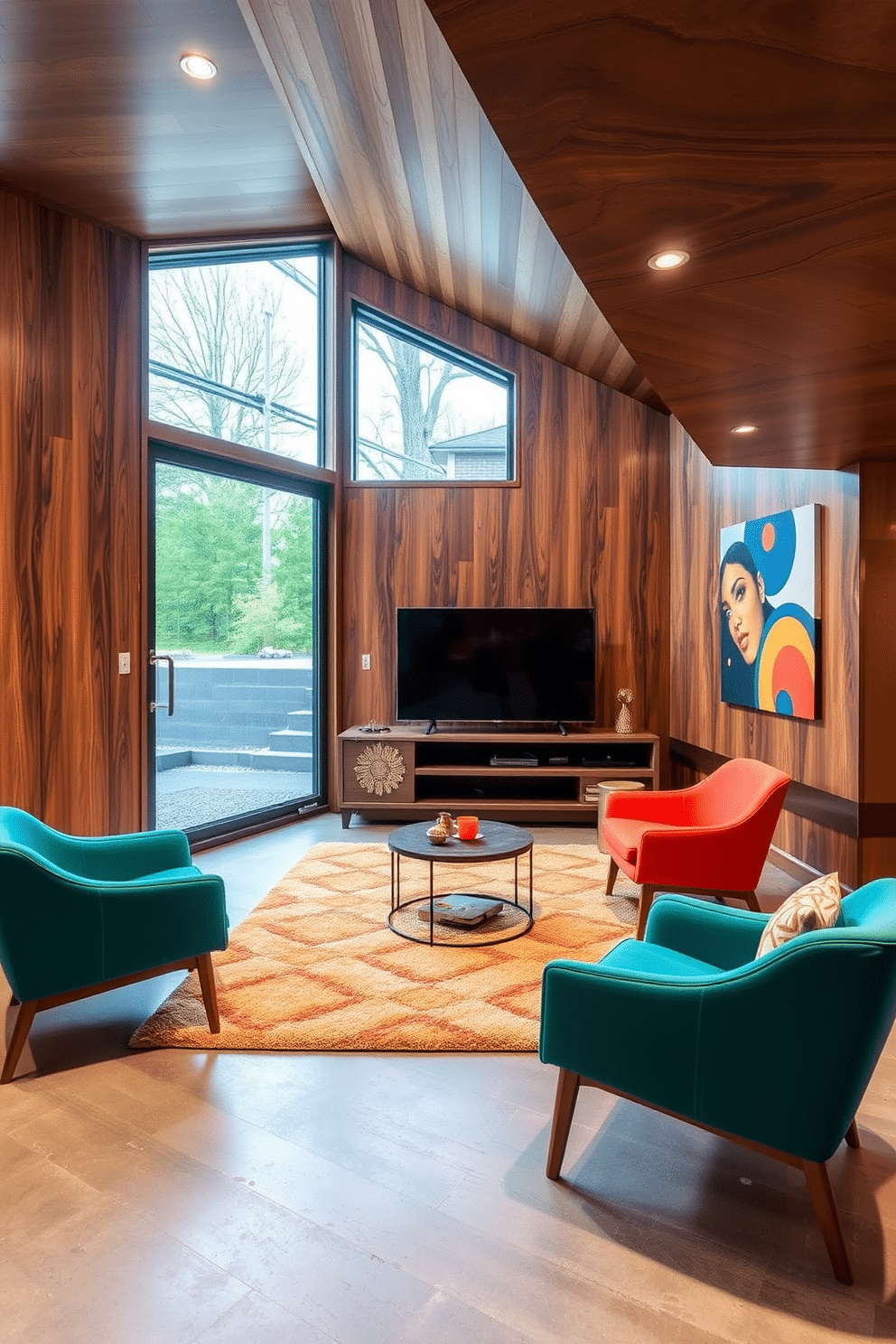 A stylish basement designed in Mid Century Modern style features a blend of materials for visual contrast. The walls are adorned with rich walnut paneling, complemented by sleek, minimalist furniture in vibrant colors. A plush area rug with geometric patterns anchors the seating arrangement, which includes a low-profile sofa and a pair of iconic accent chairs. Large windows allow natural light to flood the space, enhancing the warm tones of the wood and the coolness of the concrete floor.