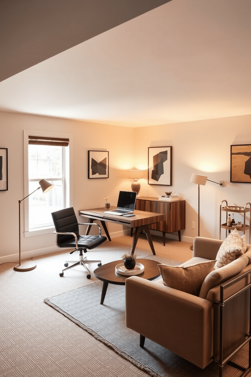 A functional workspace featuring a mid-century desk crafted from rich walnut wood, complemented by a sleek leather office chair. The walls are adorned with geometric art pieces, and a large window allows natural light to flood the room, enhancing the warm tones of the wood. The basement design embraces a mid-century modern aesthetic, showcasing a cozy lounge area with a low-profile sectional sofa and a vintage coffee table. Soft ambient lighting from stylish floor lamps creates an inviting atmosphere, while a retro bar cart adds a touch of sophistication to the space.