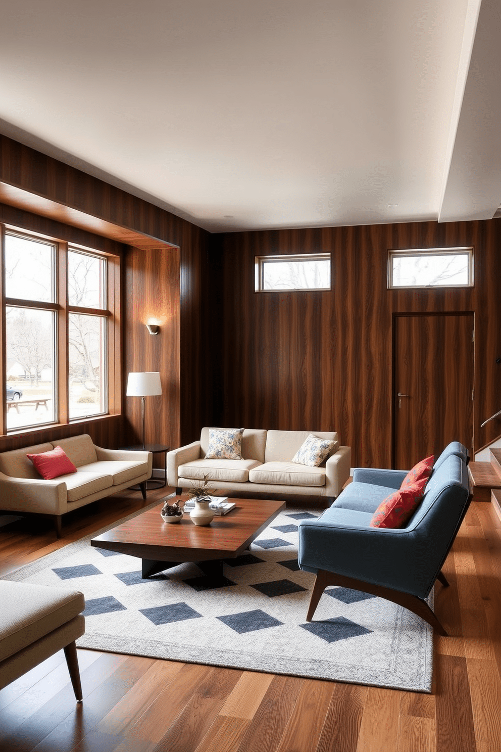 Sleek walnut paneling lines the walls of a spacious basement, creating a warm and inviting atmosphere. The space features iconic Mid Century Modern furniture, including a low-profile sofa and a sculptural coffee table, complemented by vibrant accent pillows. Large windows allow natural light to flood in, highlighting the rich tones of the walnut. A geometric area rug anchors the seating area, while stylish lighting fixtures add a contemporary touch to the overall design.