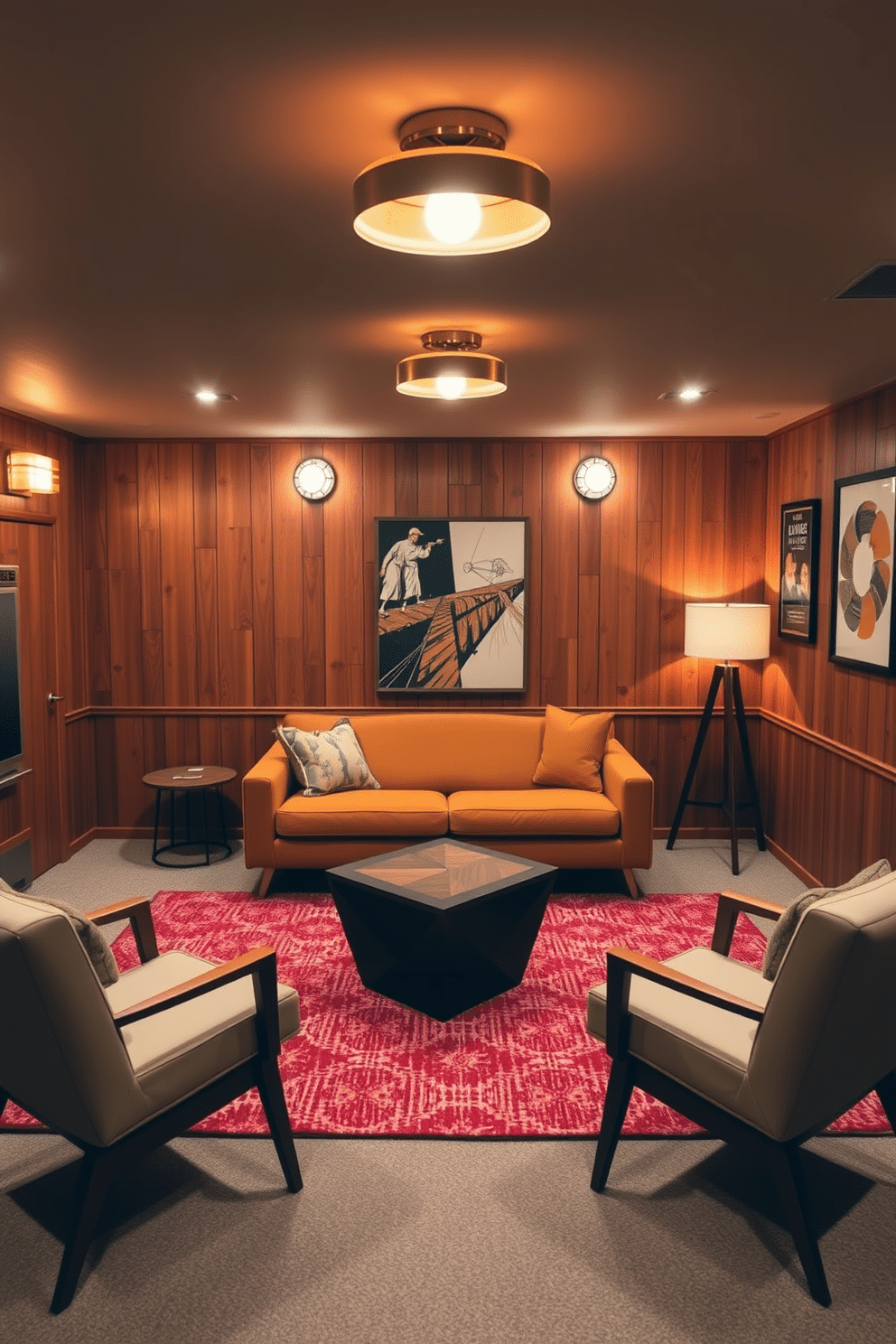 A cozy basement space featuring Mid Century Modern design elements. The room is illuminated by retro light fixtures that add a nostalgic touch, creating a warm and inviting atmosphere. The walls are adorned with rich wood paneling, complemented by a plush, low-profile sofa in a bold color. A sleek coffee table with a geometric design sits in the center, surrounded by stylish accent chairs that enhance the Mid Century Modern aesthetic.