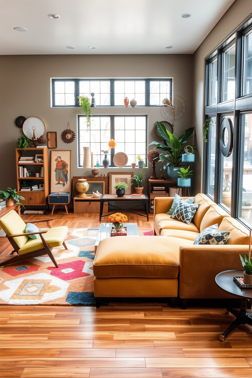 A vibrant area rug with geometric patterns anchors the seating area, creating a lively contrast against the hardwood floor. Surrounding the rug, eclectic furniture pieces in bold colors and textures invite comfort and conversation. In the basement, a Mid Century Modern design features sleek lines and organic shapes, with a plush sectional sofa in a rich mustard hue. Large windows allow natural light to filter in, illuminating a curated selection of vintage decor and plants that breathe life into the space.