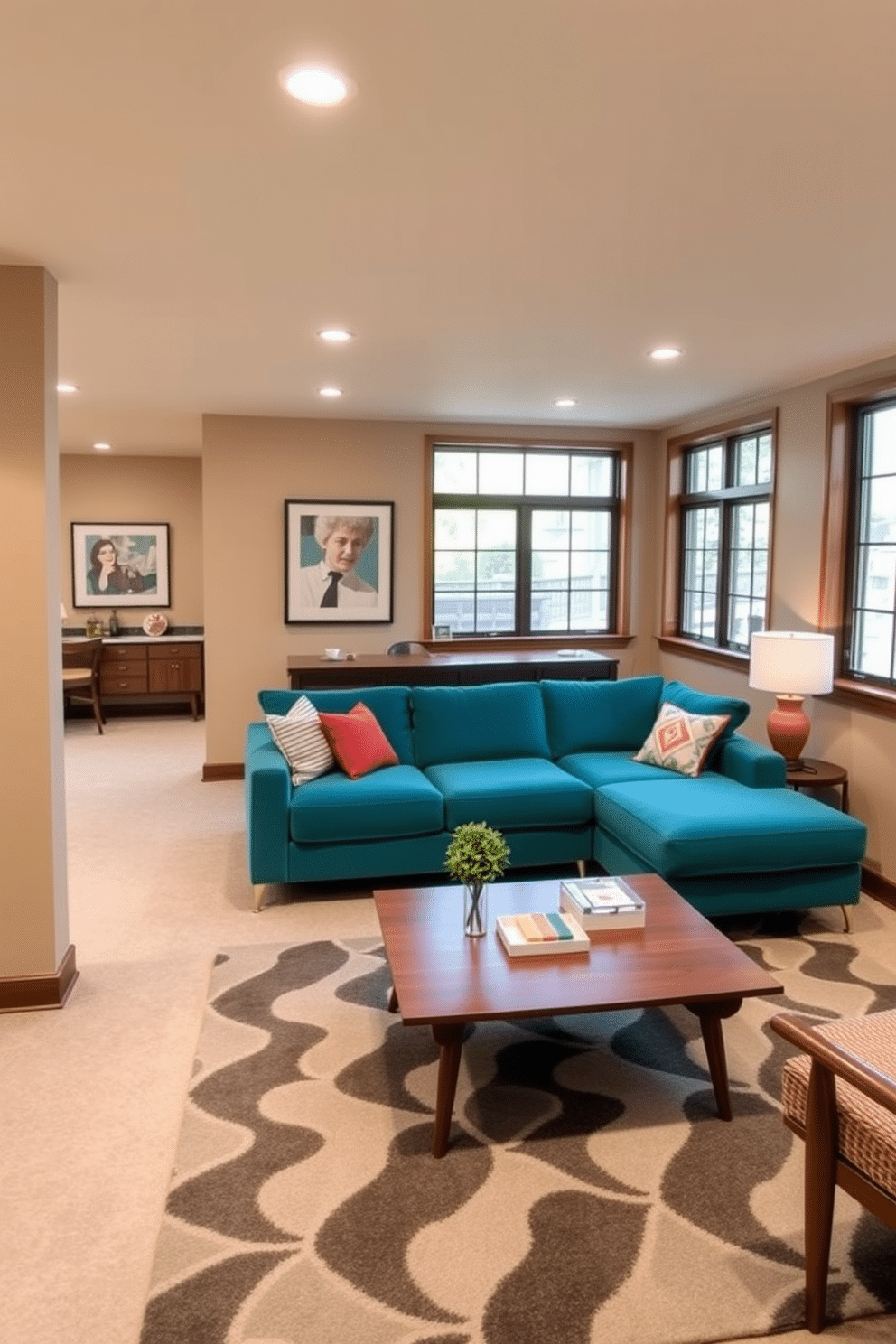 A cozy basement space featuring a neutral color palette accented by vibrant pops of color. The walls are painted in soft beige, while a plush sectional sofa in a rich teal adds a striking focal point. Mid Century Modern furniture pieces, such as a sleek walnut coffee table and geometric-patterned area rug, enhance the design's retro charm. Large windows allow natural light to flood the space, creating an inviting atmosphere perfect for relaxation and entertainment.