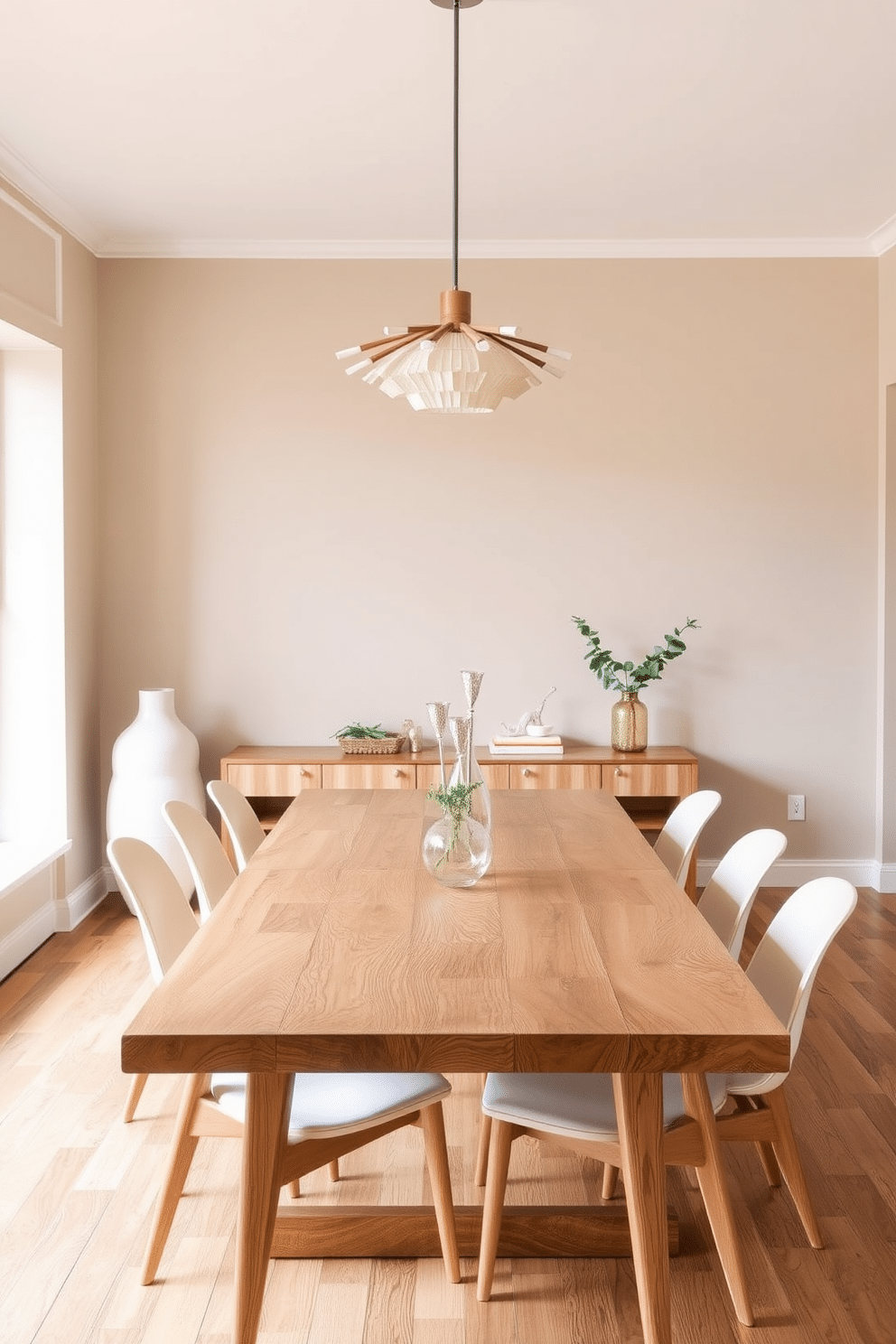 A natural wood dining table is the centerpiece of a Mid Century Modern dining room, surrounded by sleek, minimalist chairs that complement its organic texture. The walls are painted in a soft, muted color, enhancing the warm tones of the wood, while a statement light fixture hangs above, casting a warm glow over the inviting space.