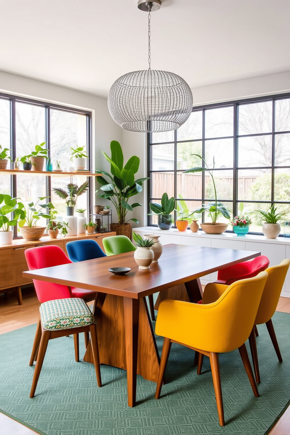 A Mid Century Modern dining room featuring a sleek wooden table with tapered legs surrounded by upholstered chairs in vibrant colors. The space is accented with a statement metal chandelier overhead, while large glass windows allow natural light to flood the room, showcasing a carefully curated selection of plants and decorative items.