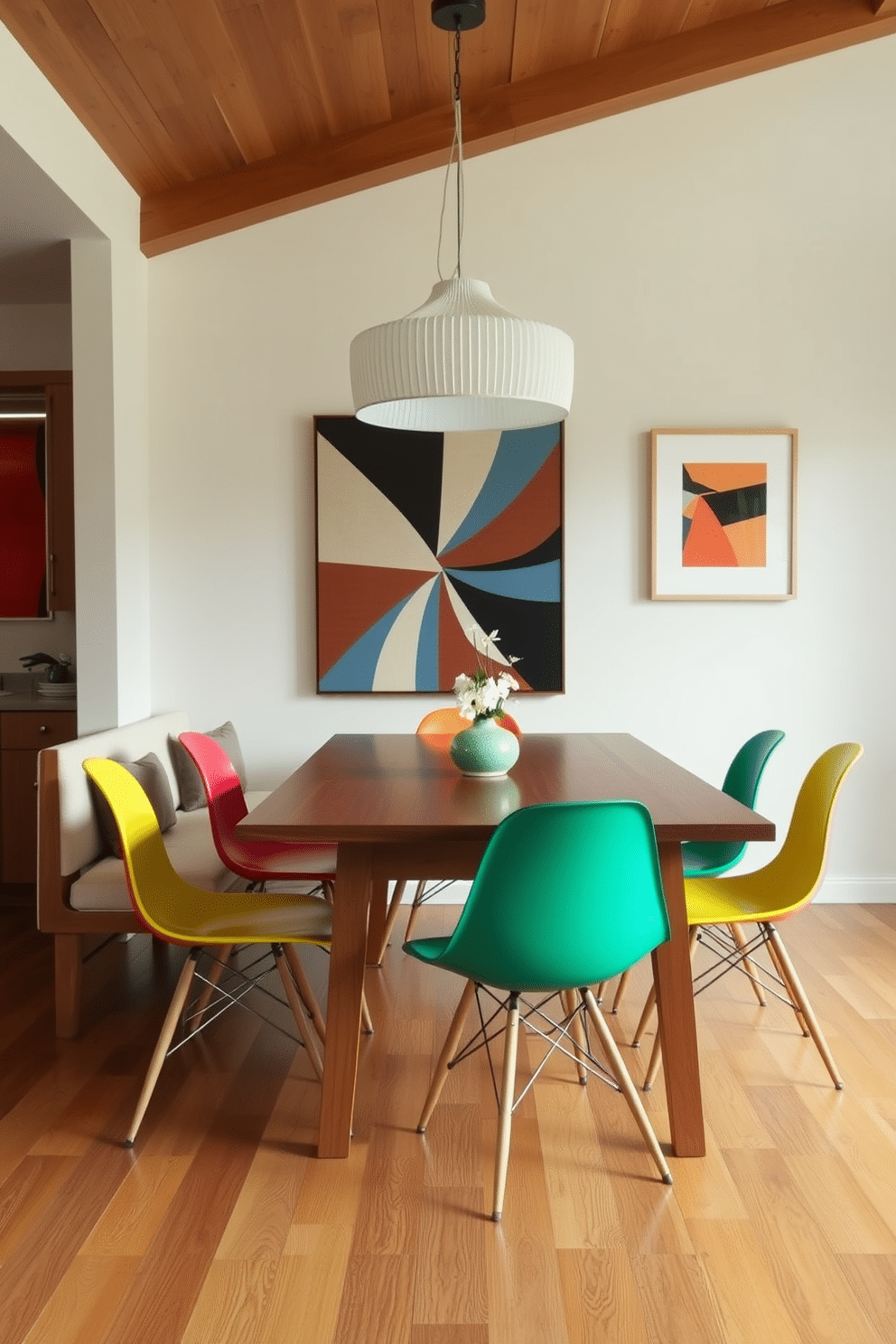 A Mid Century Modern dining room features a sleek wooden dining table surrounded by iconic Eames chairs in vibrant colors. A stylish bench with a minimalist design is placed along one side of the table, providing additional seating and enhancing the room's functionality. The walls are adorned with geometric art pieces that reflect the era's aesthetic, while a statement pendant light hangs above the table, casting a warm glow. Natural wood tones are complemented by pops of color in the decor, creating a harmonious and inviting atmosphere.