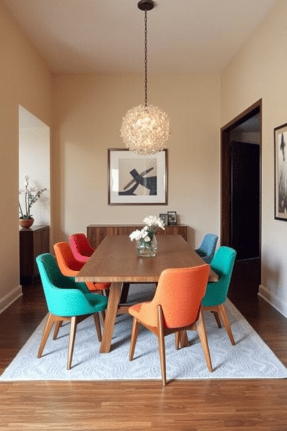 A Mid Century Modern dining room featuring a sleek wooden dining table surrounded by colorful, upholstered chairs in vibrant hues. The walls are painted in a soft beige, while a statement light fixture hangs above, casting a warm glow over the space.