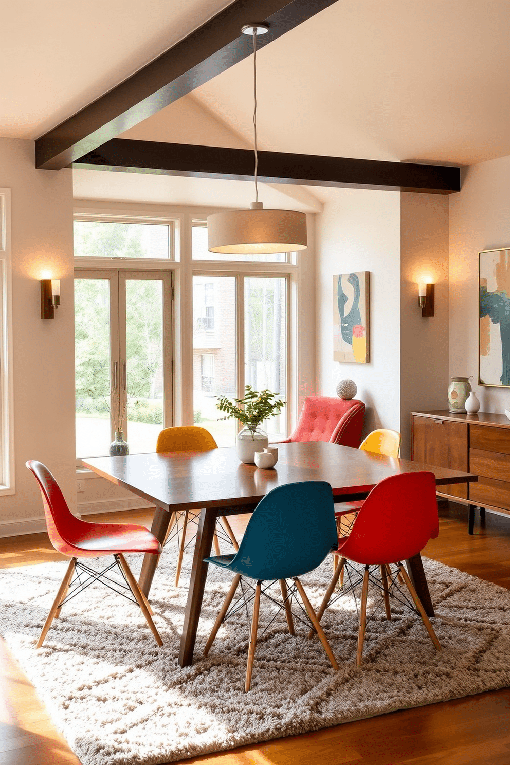 A Mid Century Modern dining room features a sleek wooden dining table surrounded by iconic Eames chairs in vibrant colors. The space is illuminated by layered lighting, including a stylish pendant lamp above the table and wall sconces that provide warm ambient light. The walls are adorned with abstract art pieces that reflect the era's aesthetic, while a plush area rug adds texture beneath the table. Large windows allow natural light to flood the room, enhancing the overall inviting atmosphere.