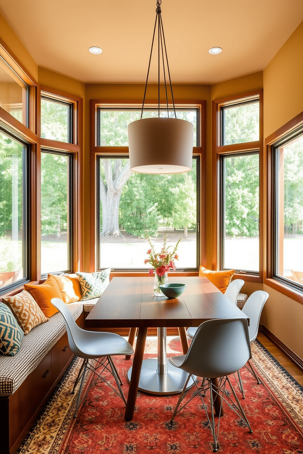 Create a cozy nook with built-in seating, featuring plush cushions in warm, inviting colors. The nook is surrounded by large windows that allow natural light to flood the space, enhancing the comfort and warmth of the area. Design a Mid Century Modern dining room, showcasing a sleek wooden dining table paired with iconic Eames chairs. The room is accented with geometric patterns and a bold color palette, complemented by a statement light fixture hanging above the table.