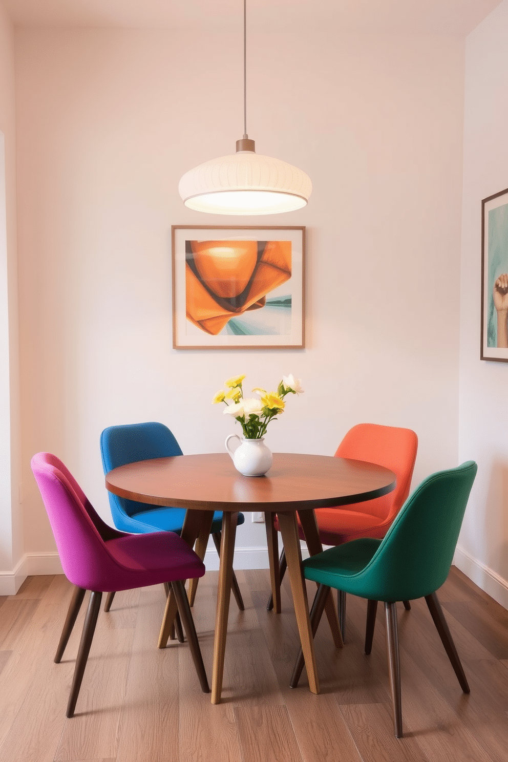 A cozy Mid Century Modern dining room features a round wooden table with tapered legs, perfect for small spaces. Surrounding the table are colorful, upholstered chairs with sleek lines and a retro aesthetic, creating an inviting atmosphere. The walls are painted in a soft, neutral tone, allowing the vibrant furniture to stand out. A statement pendant light hangs above the table, adding a touch of elegance and warmth to the room.