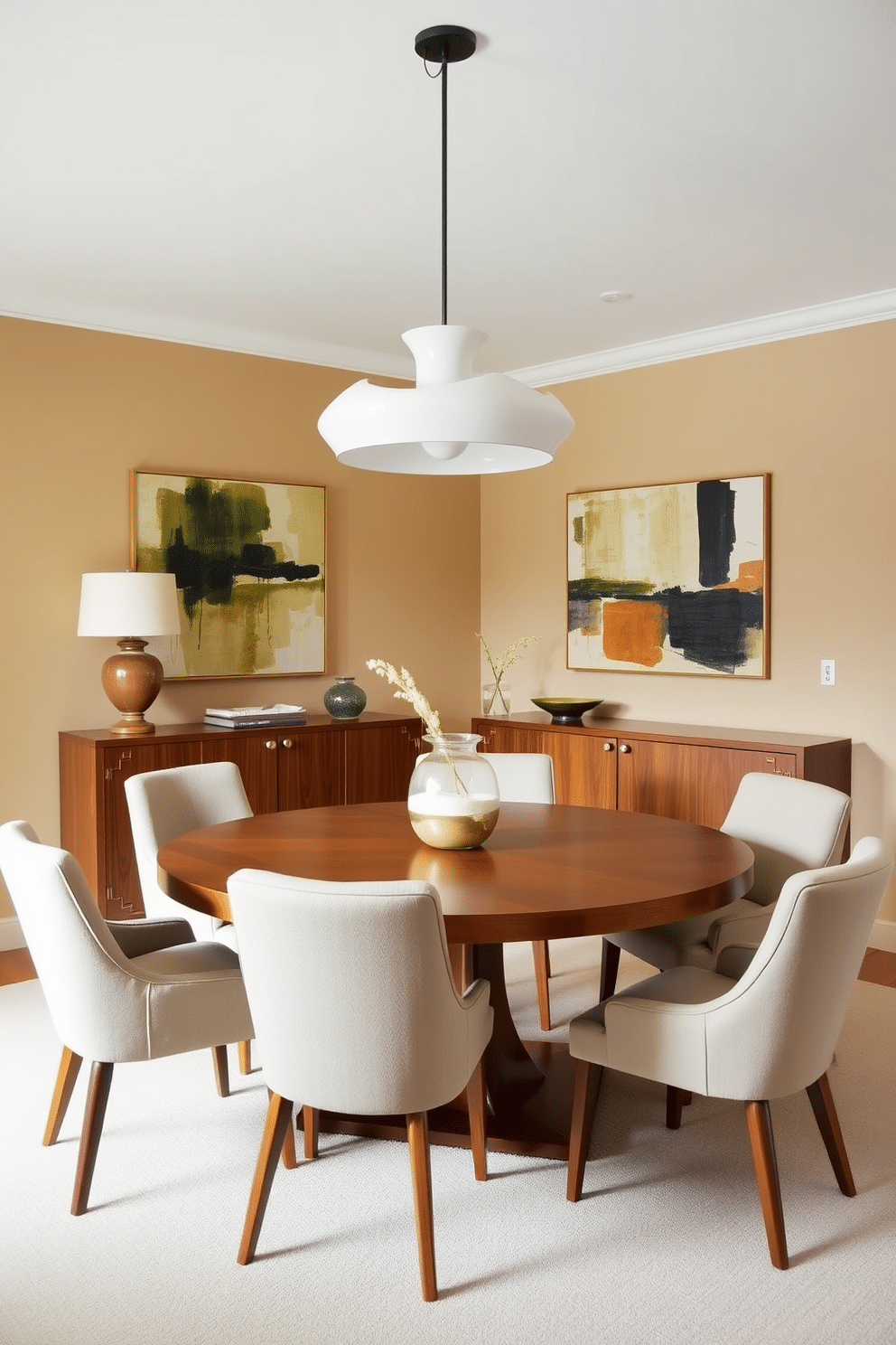 A stylish Mid Century Modern dining room features a round wooden table surrounded by curved, upholstered chairs in a soft fabric. The walls are painted in a warm, neutral tone, and a large pendant light with a sculptural design hangs above the table, creating an inviting atmosphere. Incorporate a sideboard with rounded edges and a mix of wood and metal finishes to enhance the room's aesthetic. A large abstract artwork adorns the wall, adding a pop of color and tying the space together harmoniously.