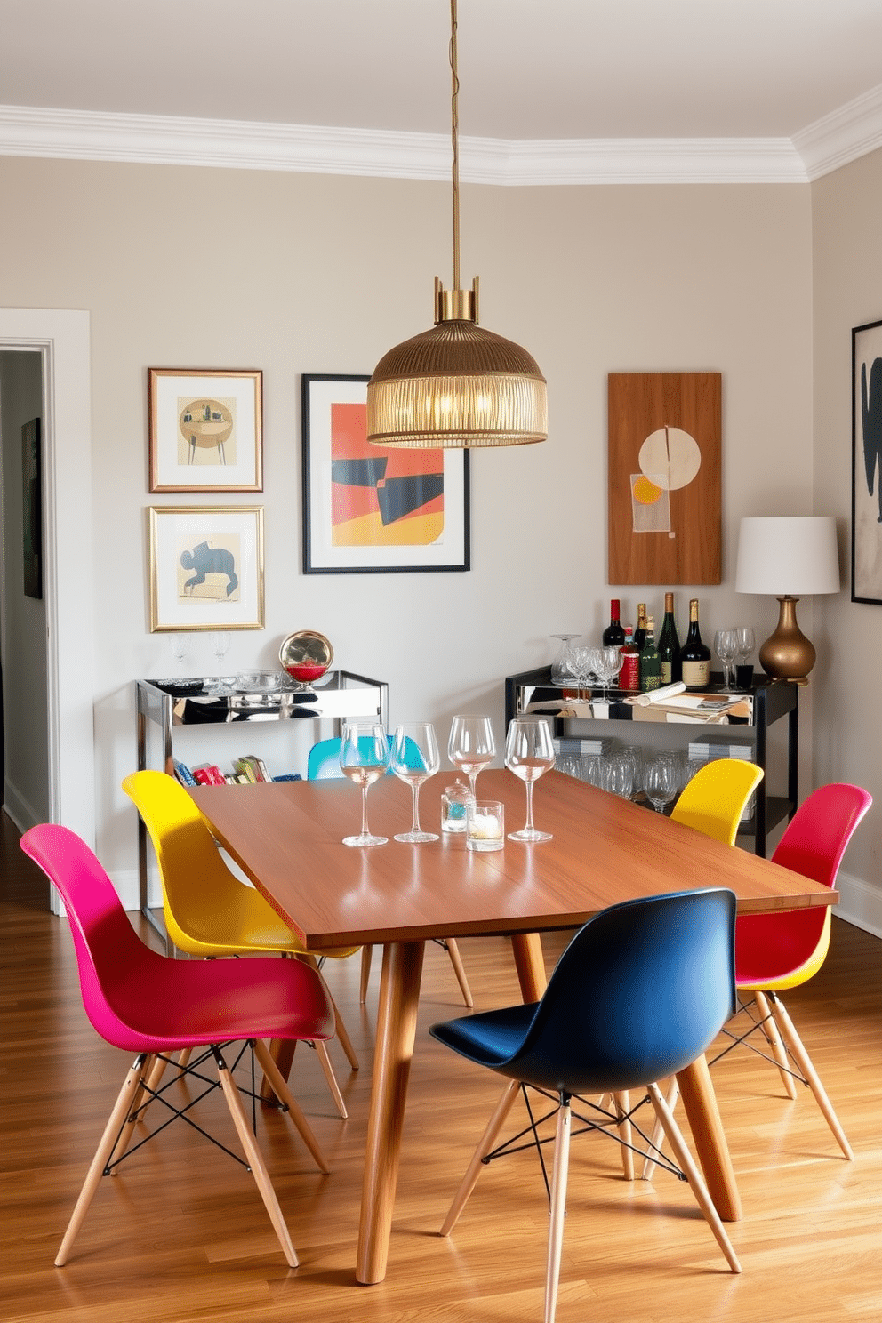 A stylish Mid Century Modern dining room features a sleek wooden dining table surrounded by iconic Eames chairs in vibrant colors. A polished bar cart is elegantly positioned in the corner, stocked with an assortment of glassware and colorful spirits, ready for entertaining guests. The walls are adorned with abstract art pieces that complement the warm wood tones of the furniture. A statement light fixture hangs above the table, casting a warm glow over the space and enhancing the inviting atmosphere.