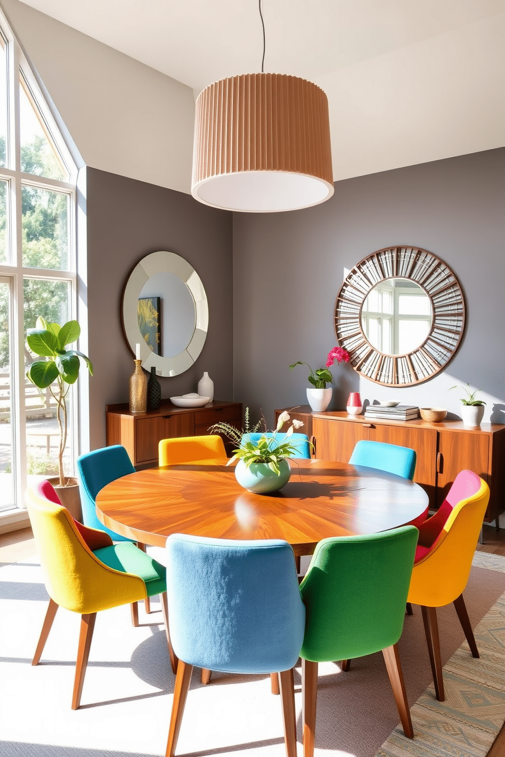 A Mid Century Modern dining room featuring a large, round wooden table surrounded by colorful, upholstered chairs in vibrant hues. A large mirror with a geometric design hangs on the wall, reflecting natural light and creating an illusion of a more spacious environment. The room is adorned with a stylish sideboard made of rich walnut, showcasing decorative objects and a few potted plants. Large windows allow ample sunlight to flood the space, while a bold pendant light fixture adds a striking focal point above the table.