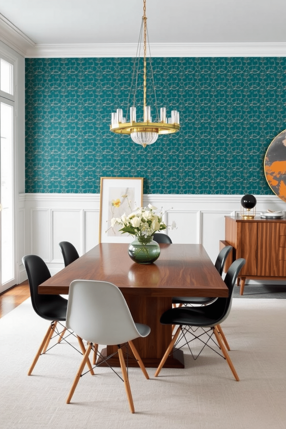 A striking accent wall features geometric patterned wallpaper in shades of teal and gold, creating a bold focal point in the room. The wallpaper's intricate design adds depth and visual interest, complementing the surrounding decor. The dining room showcases a Mid Century Modern aesthetic with a sleek wooden table surrounded by iconic Eames chairs. A statement chandelier hangs above, casting a warm glow over the space, while a sideboard in walnut finish adds functional elegance.