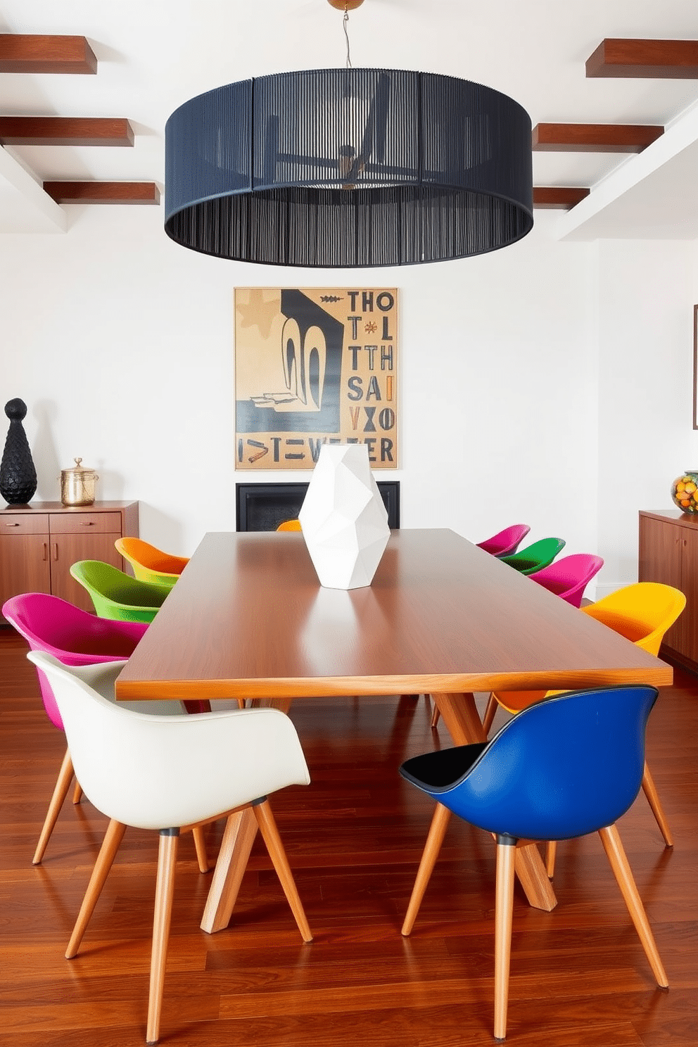 A Mid Century Modern dining room features a sleek wooden dining table with tapered legs, surrounded by iconic molded chairs in vibrant colors. The table is adorned with sculptural centerpieces, such as a geometric vase or a minimalist sculpture, that add an artistic touch to the overall design.