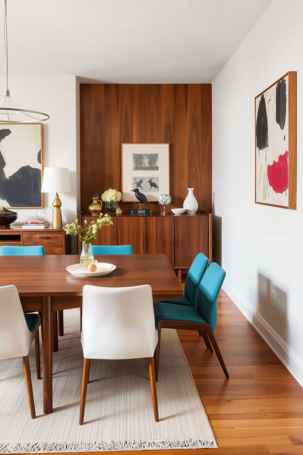 A stylish dining room that seamlessly blends vintage and contemporary elements. A Mid Century Modern dining table made of rich walnut is surrounded by sleek, modern chairs with vibrant upholstery. On one side of the room, a vintage sideboard showcases an array of decorative items and serves as a functional storage solution. The walls are adorned with abstract art, creating a striking contrast against the warm wood tones of the furniture.