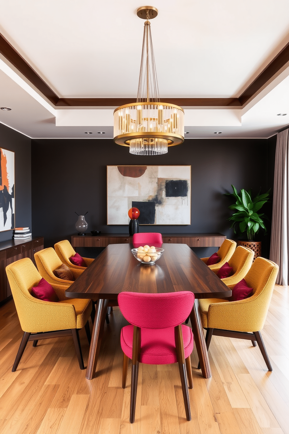 A stylish Mid Century Modern dining room features a sleek wooden dining table surrounded by a set of colorful upholstered chairs. Above the table, an elegant statement chandelier adds a touch of sophistication, casting a warm glow over the space. The walls are adorned with abstract art, complementing the rich tones of the furniture. A large window allows natural light to flood in, highlighting the room's clean lines and organic shapes.