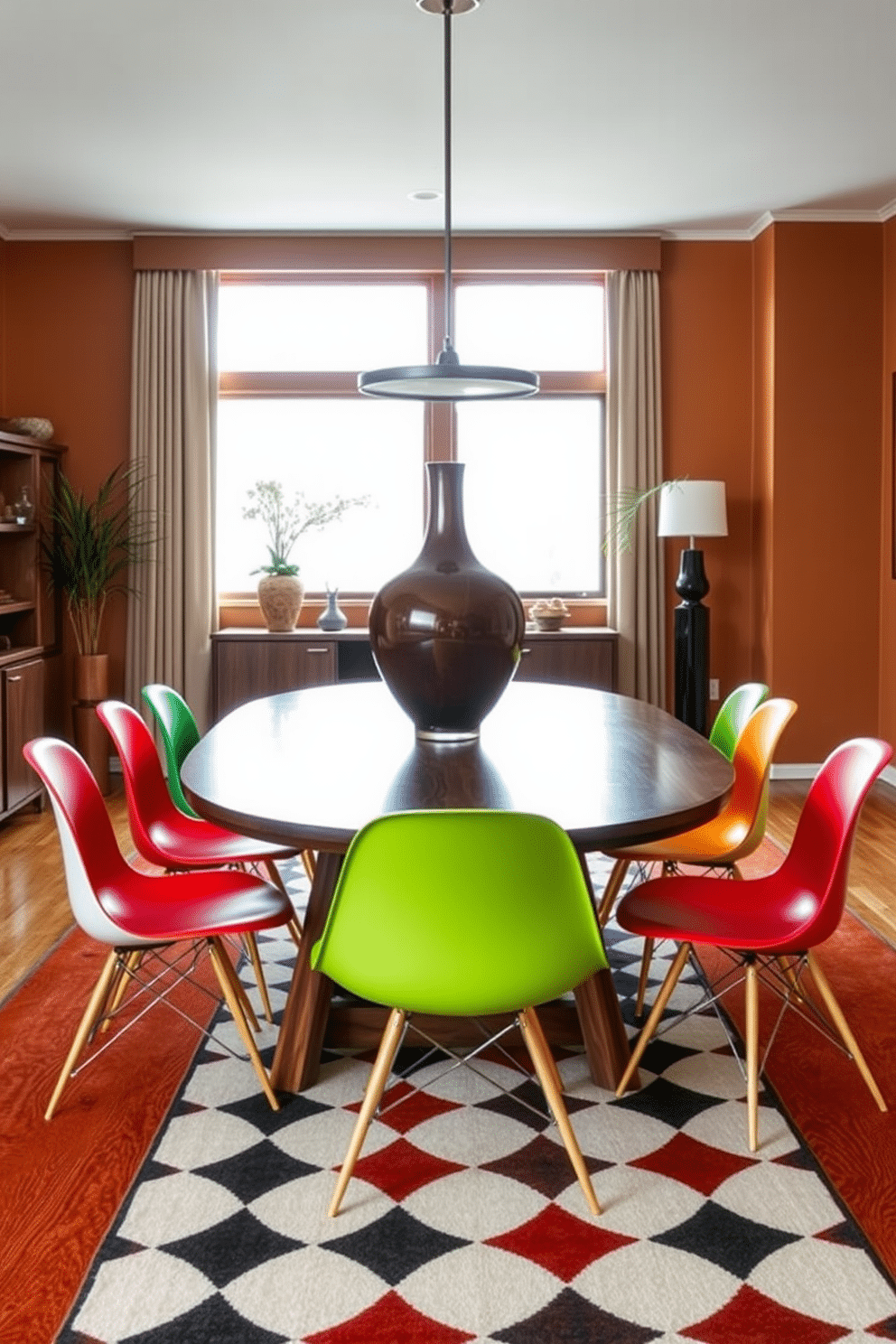 A Mid Century Modern dining room features a large, dramatic vase as a centerpiece on a sleek, oval dining table made of rich walnut. Surrounding the table are iconic Eames dining chairs in vibrant colors, set against a backdrop of warm, earthy tones on the walls and a striking geometric rug underfoot.