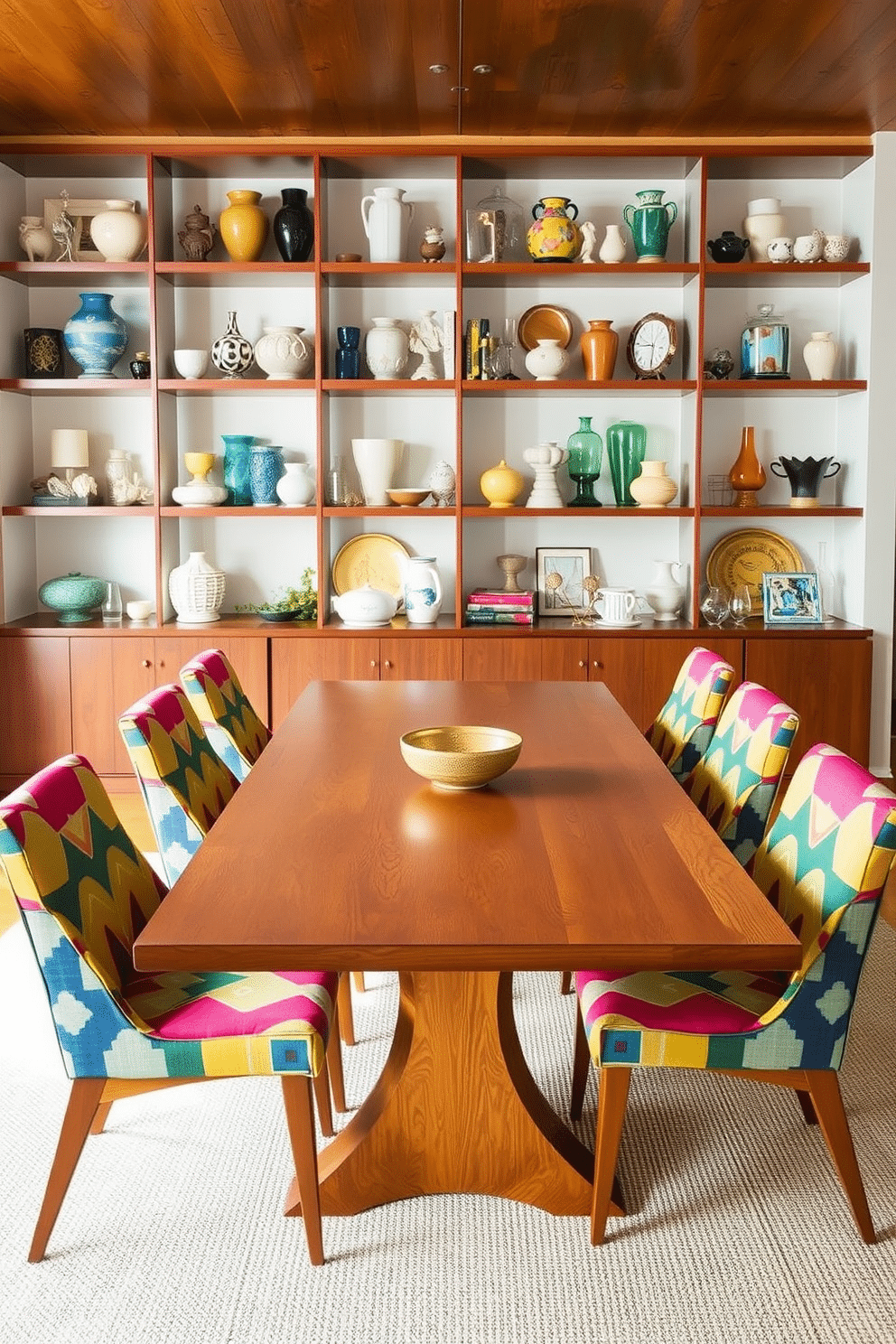 A stylish Mid Century Modern dining room features a long wooden table with tapered legs, surrounded by colorful upholstered chairs that showcase bold geometric patterns. On the shelves, an array of vintage collectibles, including ceramic vases and retro glassware, adds character and charm to the space, beautifully complementing the warm wood tones.