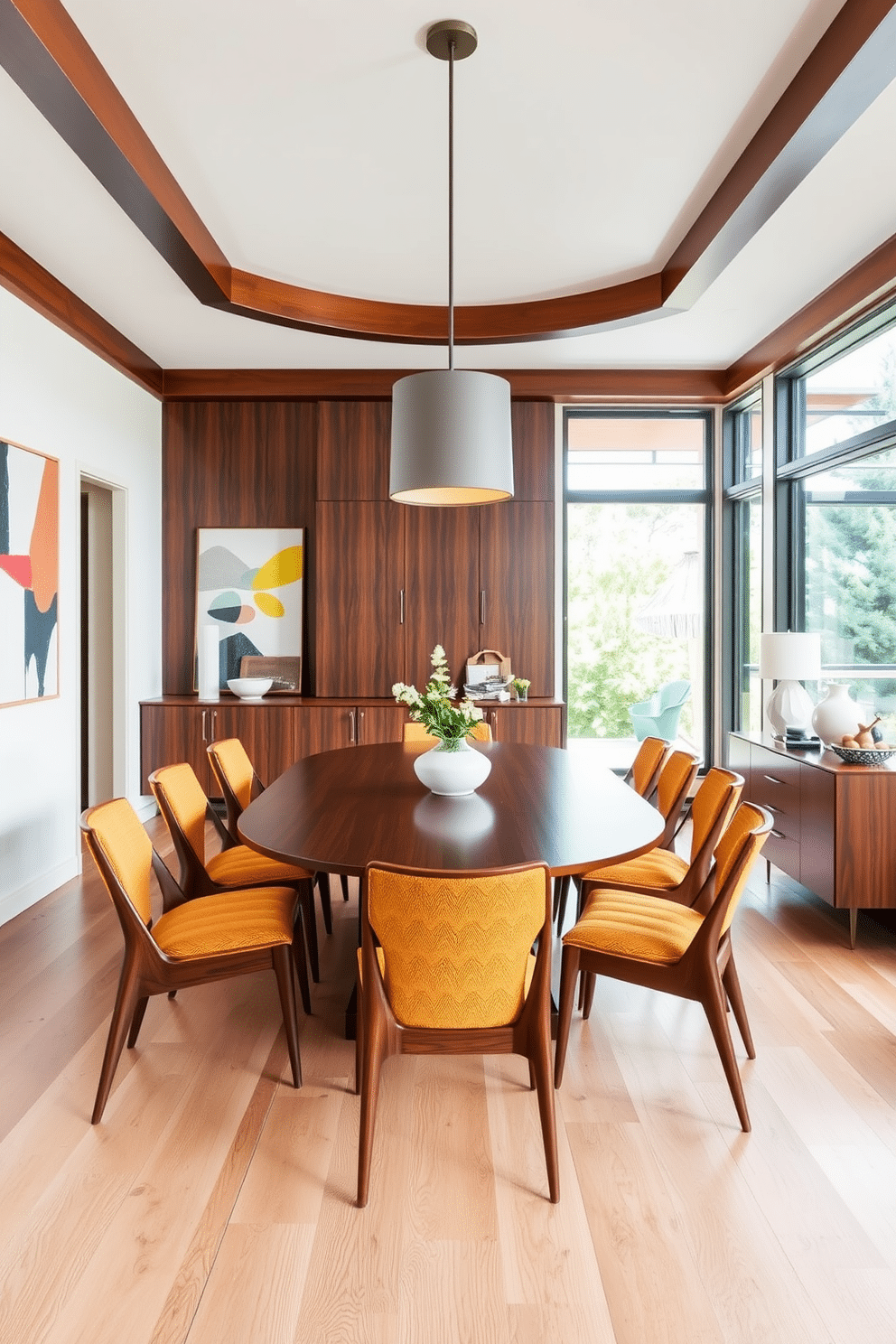 A striking oval dining table takes center stage in a Mid Century Modern dining room, surrounded by sleek, tapered wooden chairs upholstered in vibrant fabric. The walls are adorned with abstract art, and a statement pendant light hangs above the table, casting a warm glow over the space. Rich walnut cabinetry contrasts beautifully with the light-colored hardwood floors, creating a harmonious balance. A stylish sideboard displays curated decor items, while large windows let in ample natural light, enhancing the inviting atmosphere.