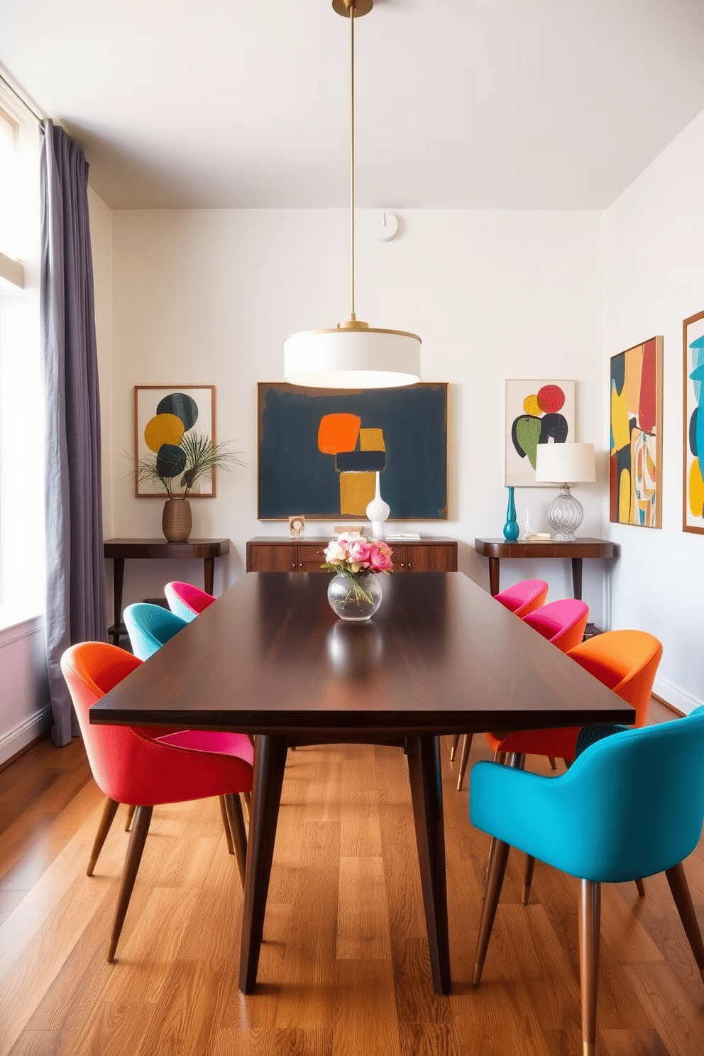 A Mid Century Modern dining room featuring a dark wood table with sleek, tapered legs that serves as the centerpiece. Surrounding the table are colorful upholstered chairs in vibrant hues, adding a playful contrast to the rich wood tones. The walls are adorned with abstract art pieces that reflect the era's bold design aesthetic. A stylish pendant light hangs above the table, casting warm light and enhancing the room's inviting atmosphere.