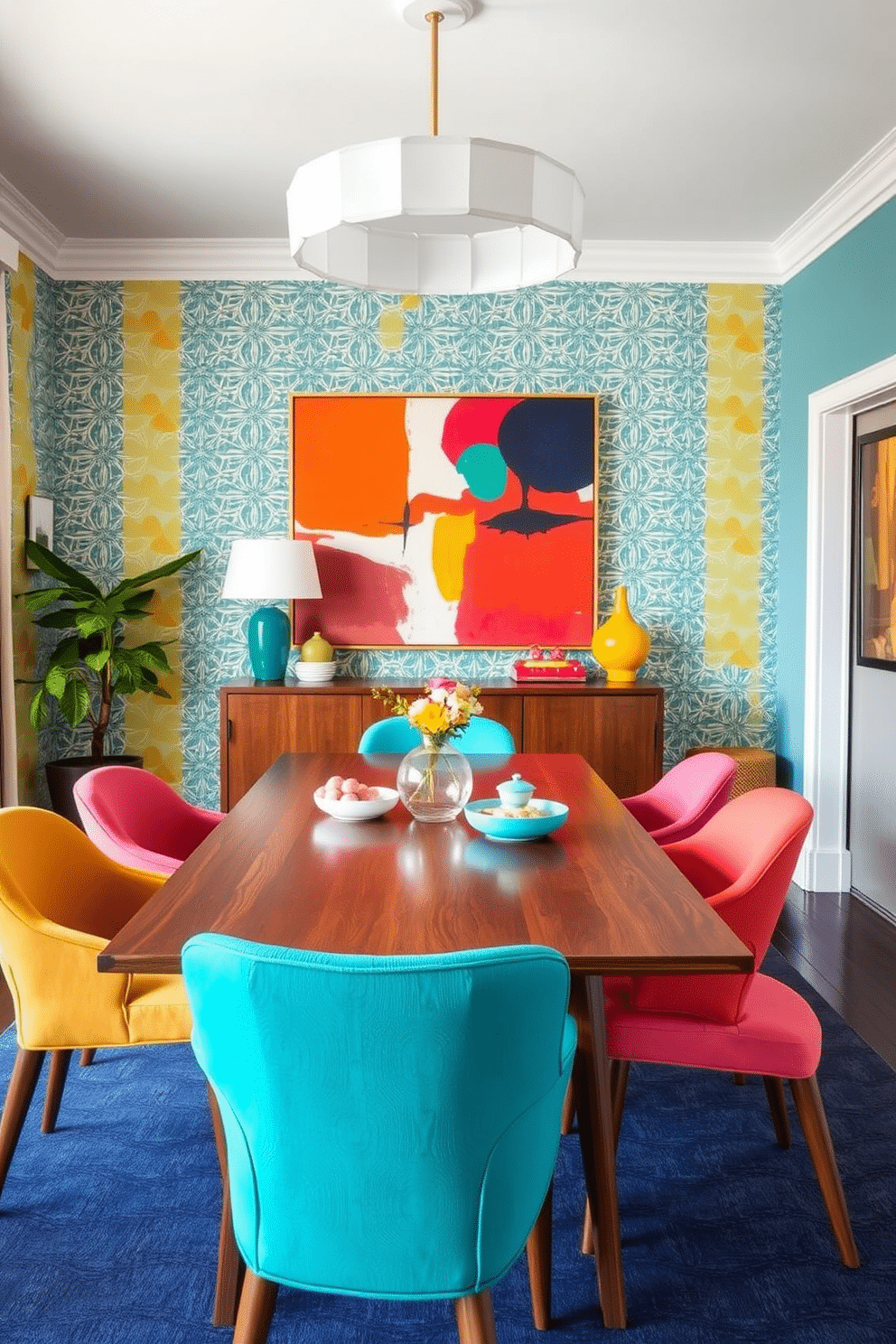 A Mid Century Modern dining room filled with vibrant colors and playful patterns. The centerpiece is a sleek wooden dining table surrounded by colorful, upholstered chairs in various shades of teal, mustard yellow, and coral. On the walls, bold geometric wallpaper adds visual interest, while a large abstract painting in bright hues hangs above a sideboard. A stylish pendant light with a retro design illuminates the space, creating a warm and inviting atmosphere.