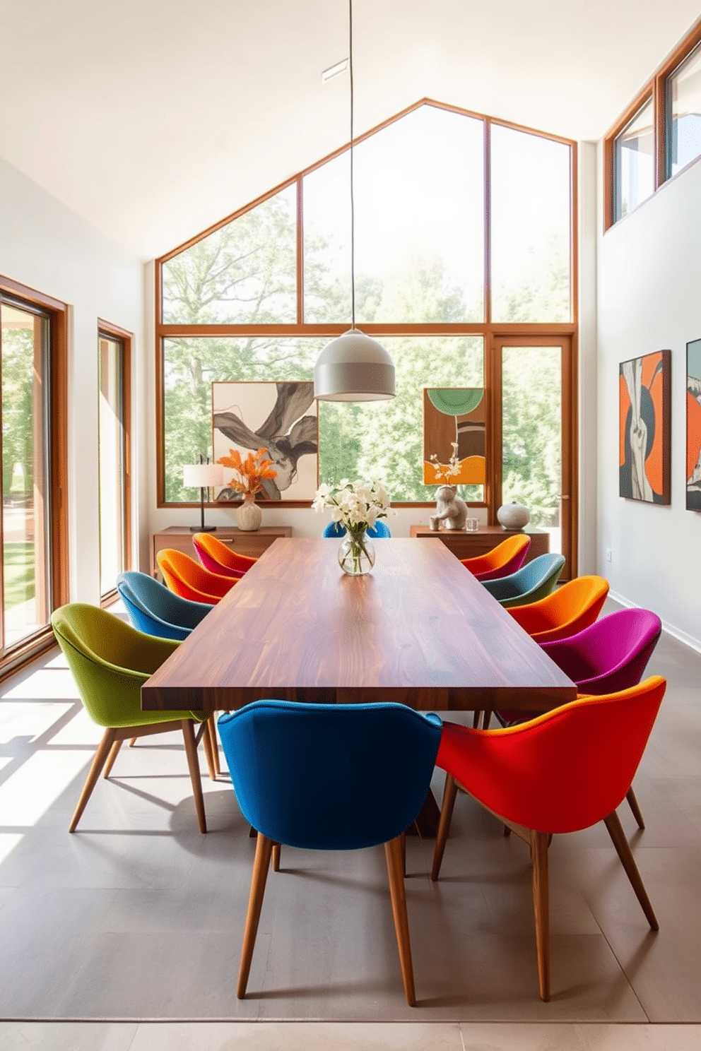 A spacious Mid Century Modern dining room features a large wooden table surrounded by sleek, upholstered chairs in vibrant colors. Large windows allow natural light to flood the room, highlighting the clean lines and organic shapes of the furniture. The walls are adorned with abstract art pieces that complement the warm wood tones of the table and the cool hues of the chairs. A stylish pendant light hangs above the table, creating an inviting atmosphere for gatherings and meals.