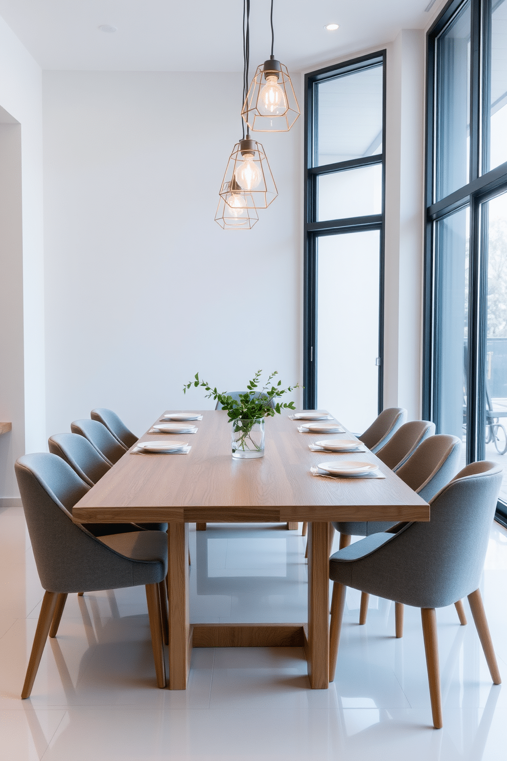 A minimalist dining room features a sleek wooden table with clean lines, surrounded by upholstered chairs in muted tones. The centerpiece is a simple arrangement of greenery in a clear glass vase, while the table setting includes white dishware and minimalistic cutlery, enhancing the uncluttered aesthetic. The room is adorned with geometric pendant lights that provide warm illumination, complementing the natural wood tones of the furniture. Large windows allow ample natural light to flood the space, highlighting the subtle textures of the walls and the polished floor.