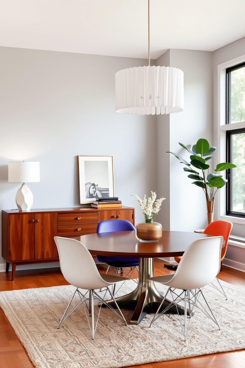 A vintage sideboard with a rich mahogany finish serves as the focal point of the room, adorned with sleek modern decor accents like a geometric sculpture and a minimalistic lamp. The backdrop features a soft gray wall, creating a contrast that highlights the sideboard's elegance while a plush area rug anchors the space beneath. In a Mid Century Modern dining room, a round wooden table is surrounded by iconic Eames chairs, showcasing a mix of vibrant upholstery colors. Large windows bathe the room in natural light, with a statement pendant light fixture hanging above, adding a touch of contemporary flair to the classic design.