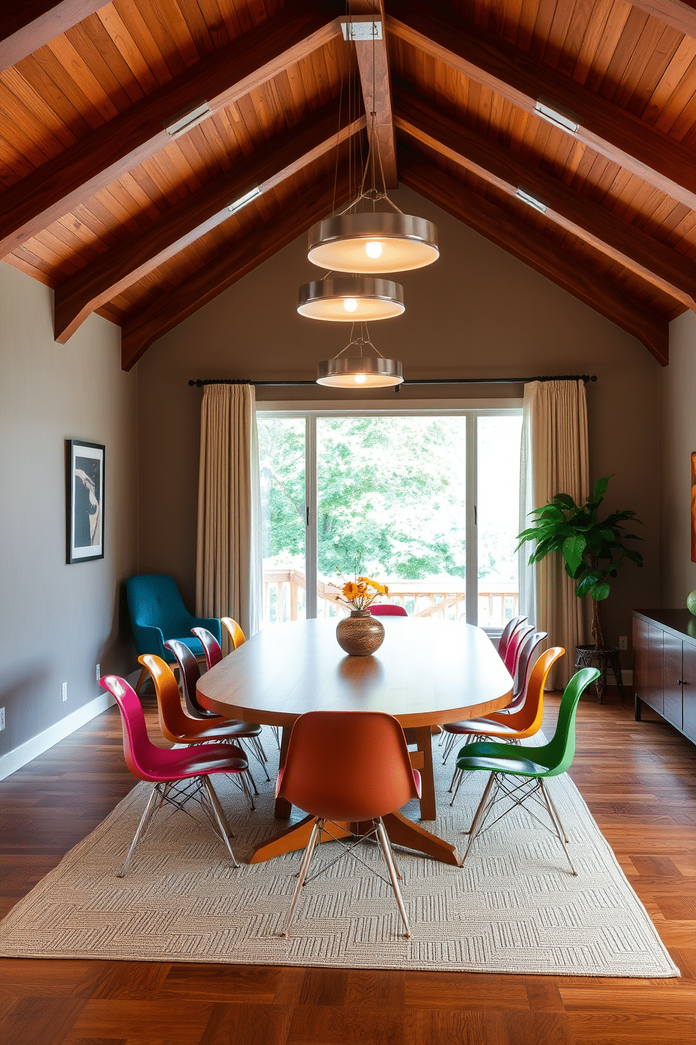 A Mid Century Modern dining room features a sleek, oval wooden dining table surrounded by iconic Eames chairs in vibrant colors. Architectural elements include a vaulted ceiling with exposed beams, accentuated by stylish pendant lights that cast a warm glow over the space. The walls are adorned with geometric patterns in muted tones, creating a harmonious backdrop for the room's design. A large window allows natural light to flood in, enhancing the rich textures of the wood and the playful colors of the furnishings.