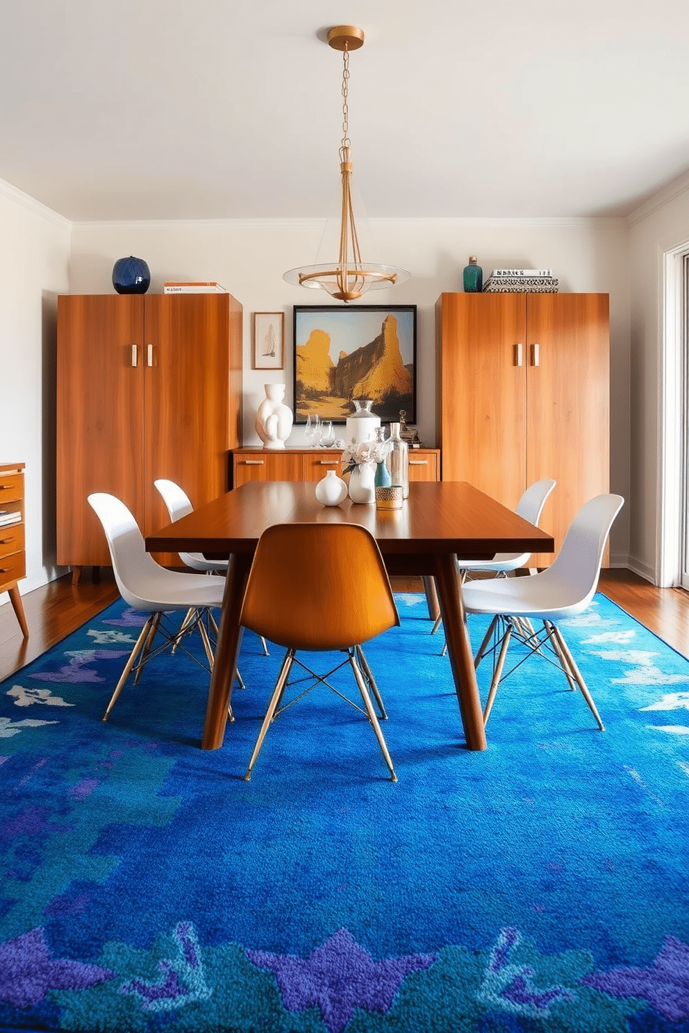 A Mid Century Modern dining room features a bold color rug that adds vibrancy to the space, contrasting beautifully with the warm wood tones of the furniture. The dining table is surrounded by iconic Eames chairs, creating a stylish yet inviting atmosphere for gatherings.