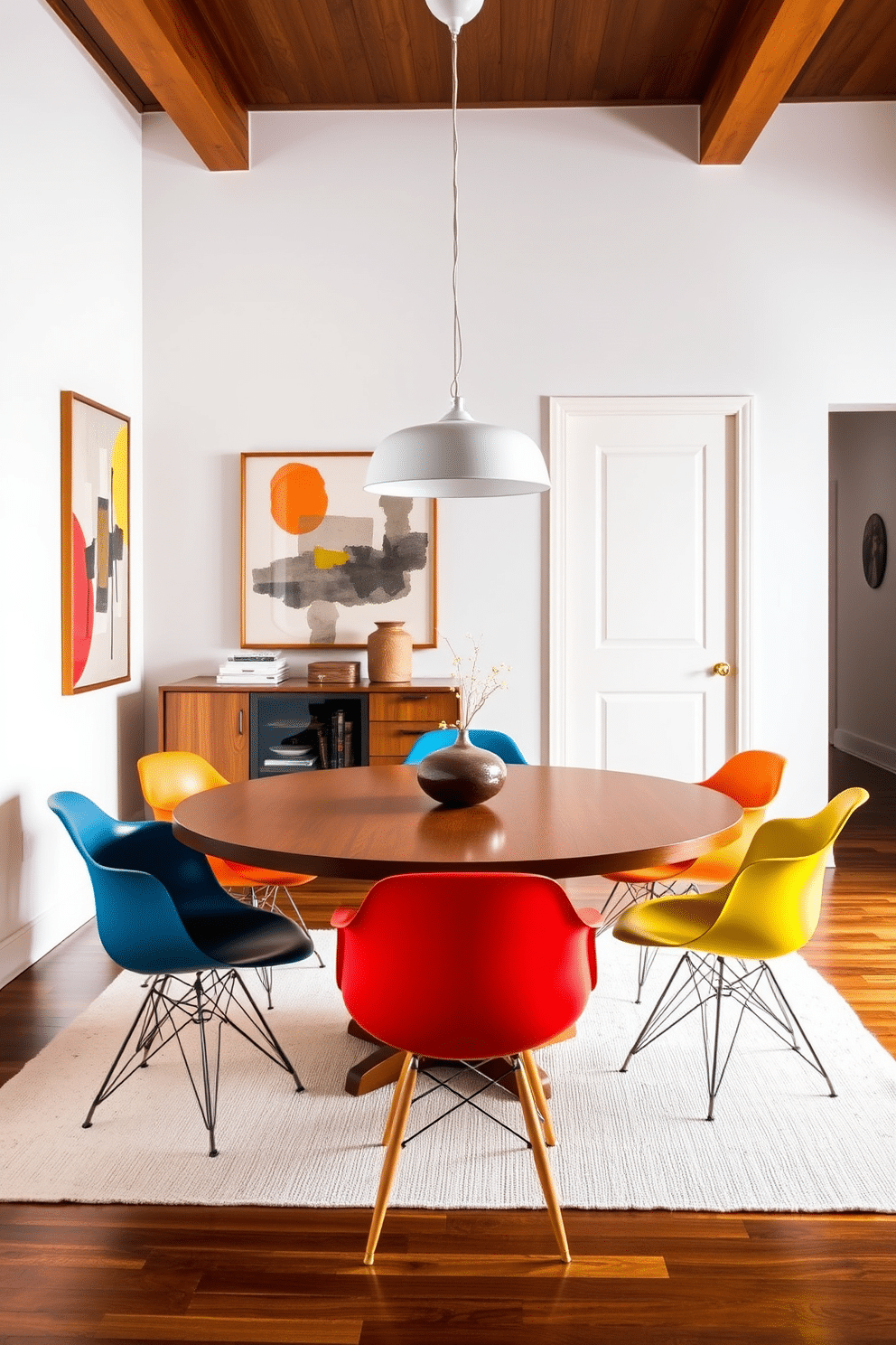 A stylish Mid Century Modern dining room features a round wooden table at its center, surrounded by elegant Eames-style chairs in vibrant colors. The walls are adorned with abstract art, and a sleek pendant light hangs above the table, casting a warm glow over the space.