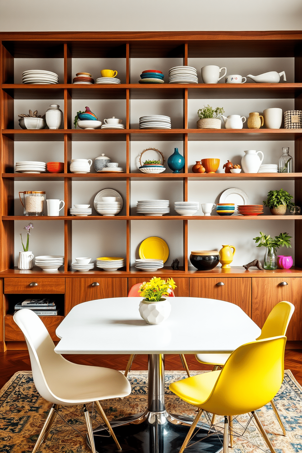 A stylish Mid Century Modern dining room features open shelving elegantly displaying an array of colorful dishware and decorative items. The shelves are crafted from rich walnut wood, complementing a sleek dining table surrounded by iconic Eames chairs in vibrant upholstery.