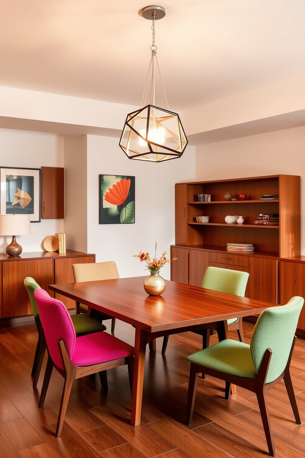 A stylish mid-century modern dining room features a sleek wooden table surrounded by upholstered chairs in vibrant colors. Above the table, a stunning pendant light fixture with geometric shapes casts a warm glow, enhancing the room's retro aesthetic.