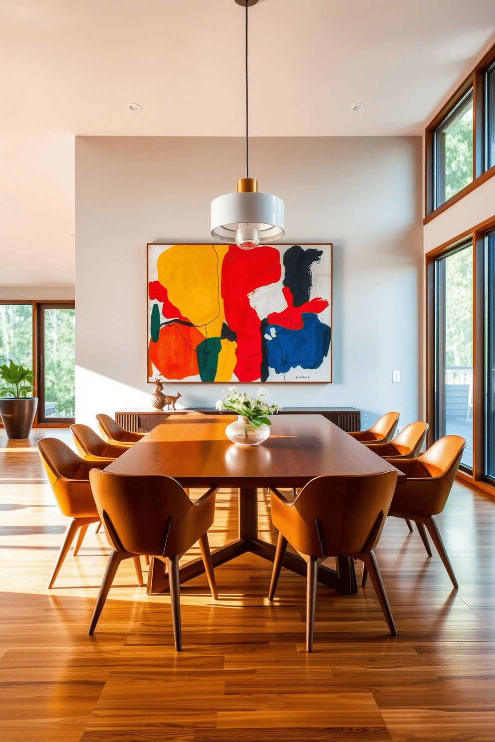 A spacious Mid Century Modern dining room features a large abstract art piece as the focal point on the main wall, drawing attention with its vibrant colors and dynamic shapes. The room is furnished with a sleek wooden dining table surrounded by stylish, tapered-leg chairs that embody the iconic design aesthetic of the era. Natural light floods the space through large windows, illuminating the warm wood tones and the bold artwork. A statement pendant light hangs above the table, adding a touch of elegance and enhancing the inviting atmosphere of the room.