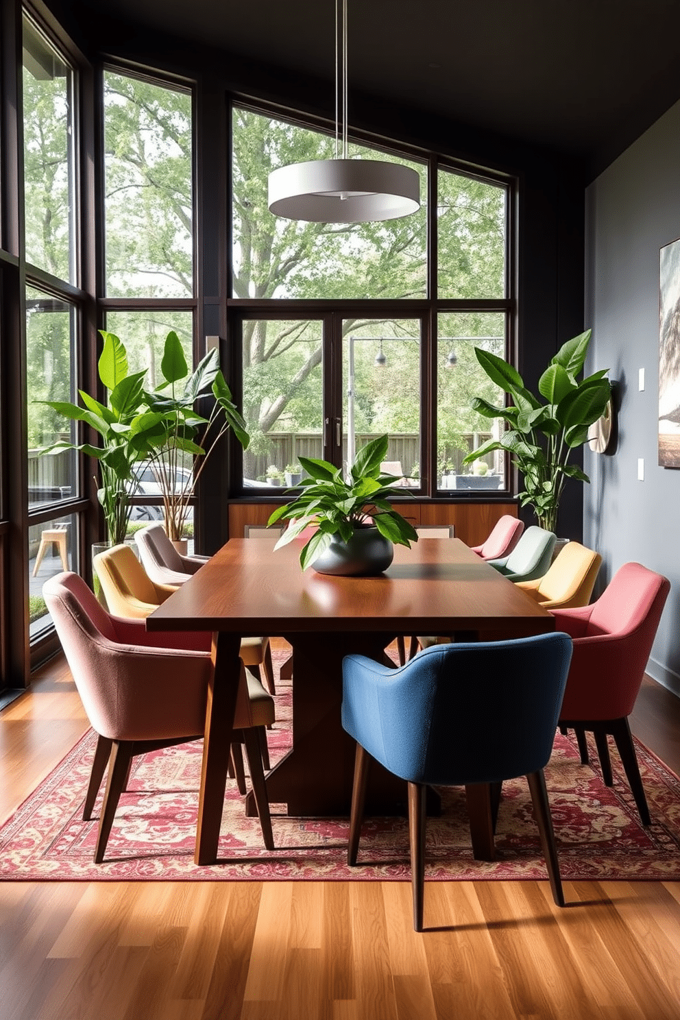 A Mid Century Modern dining room features a sleek wooden table surrounded by colorful upholstered chairs with clean lines. Large windows allow natural light to flood the space, highlighting the vibrant green plants placed on the table and in the corners, adding a fresh touch to the overall design.