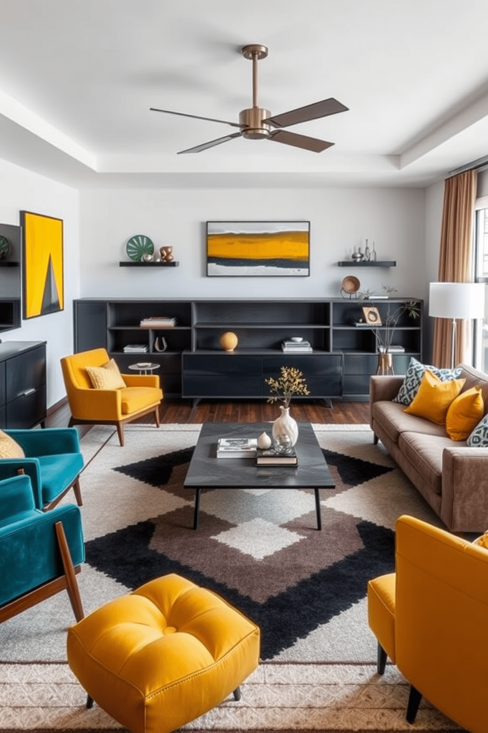 A Mid-Century Modern family room features sleek, low-profile furniture with clean lines and a mix of bold color accents such as deep teal and vibrant mustard yellow. The space is anchored by a large, geometric area rug, while a statement coffee table sits at the center, surrounded by stylish armchairs and a plush sectional sofa.