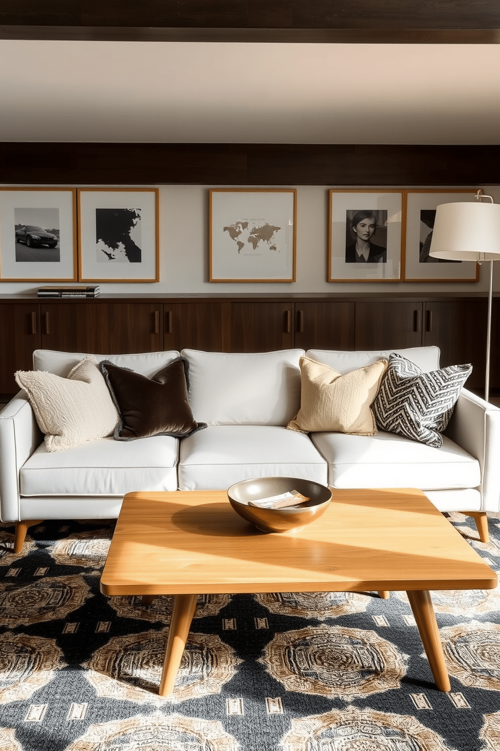 A Mid-Century Modern family room features a sleek, low-profile sofa adorned with textured throw pillows in rich fabrics like velvet and chenille. A large geometric area rug anchors the space, complemented by a wooden coffee table with tapered legs and a stylish floor lamp illuminating the cozy seating area.