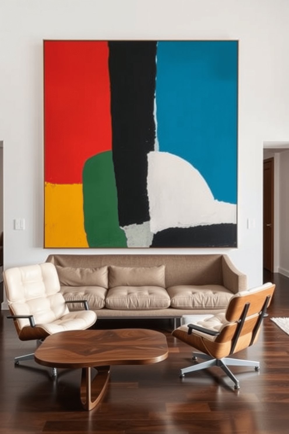 Abstract art on neutral walls for contrast. The artwork features bold colors and geometric shapes, creating a striking focal point in the room. Mid-Century Modern family room design ideas. The space includes a sleek, low-profile sofa in a muted tone, complemented by a pair of iconic Eames lounge chairs and a walnut coffee table.