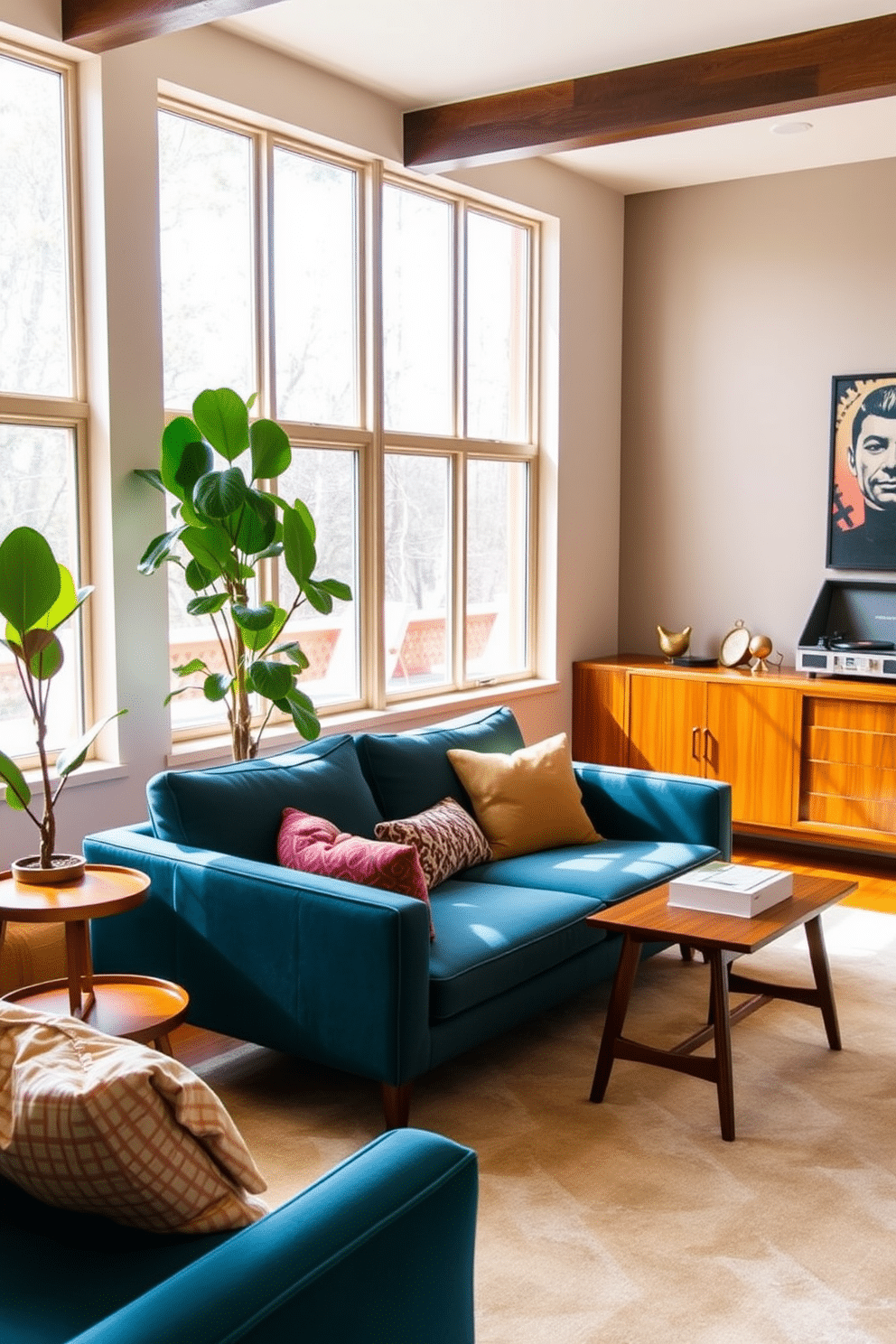 A cozy family room featuring a Mid-Century Modern aesthetic. The space is anchored by a plush, low-profile sofa in a rich teal fabric, complemented by a pair of sleek walnut side tables. In one corner, a tall potted fiddle leaf fig adds a vibrant touch, while a vintage record player sits on a stylish credenza against the wall. Large windows allow natural light to flood the room, highlighting the warm wood tones and geometric patterns of the area rug.