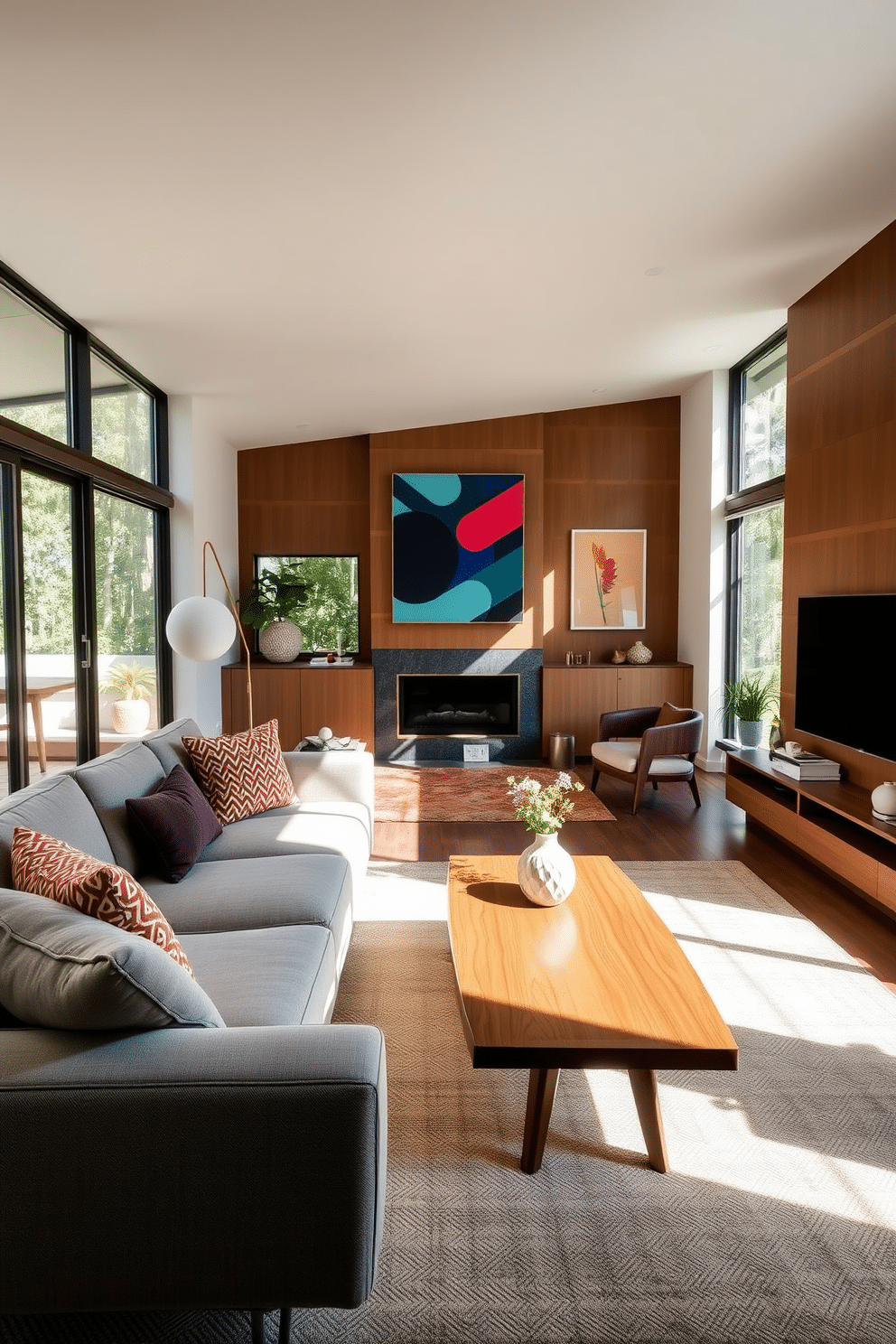 A stylish family room features a low-profile sectional in muted tones, perfectly complemented by a sleek wooden coffee table. Natural light streams in through large windows, illuminating the space adorned with Mid-Century Modern decor elements and vibrant artwork.