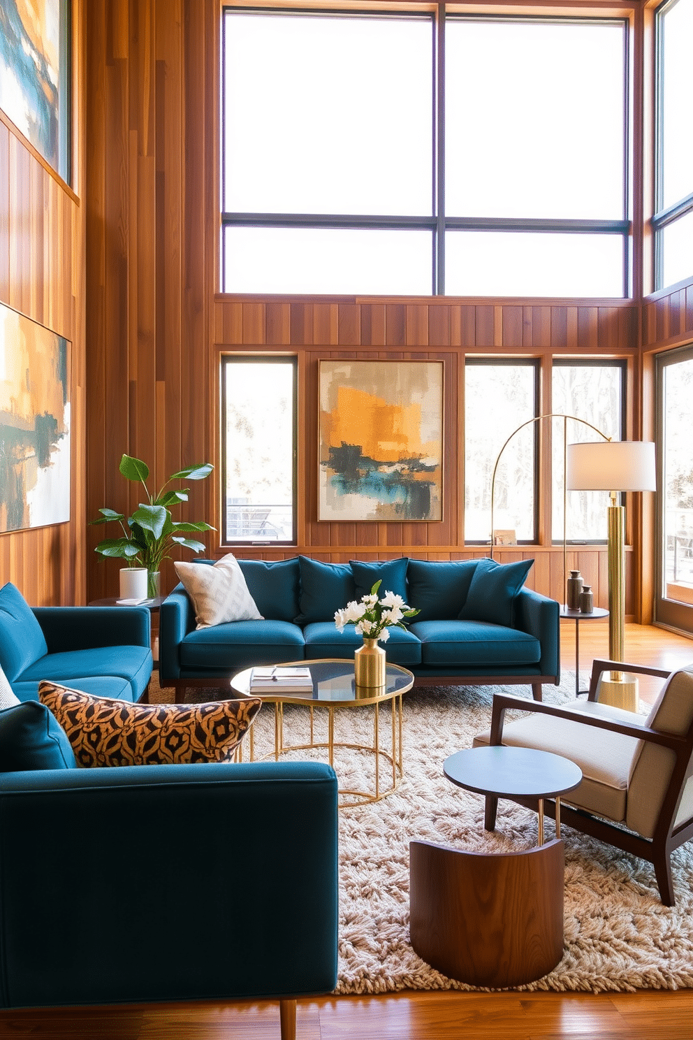 A Mid-Century Modern family room featuring a sleek, low-profile sofa upholstered in a rich teal fabric. Brass accents are incorporated through a geometric coffee table and stylish floor lamp, enhancing the room's elegance. The walls are adorned with abstract art in warm tones, complementing the wooden paneling. A plush area rug anchors the seating arrangement, while large windows allow natural light to flood the space, creating an inviting atmosphere.