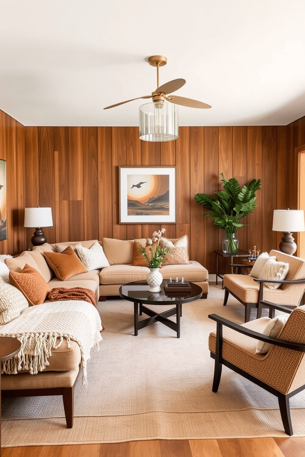 A cozy Mid-Century Modern family room featuring a plush sectional sofa adorned with layered textures, including knit throws and soft blankets in warm earth tones. The room is illuminated by a statement pendant light and showcases a vintage coffee table surrounded by stylish accent chairs, all set against a backdrop of rich wood paneling.