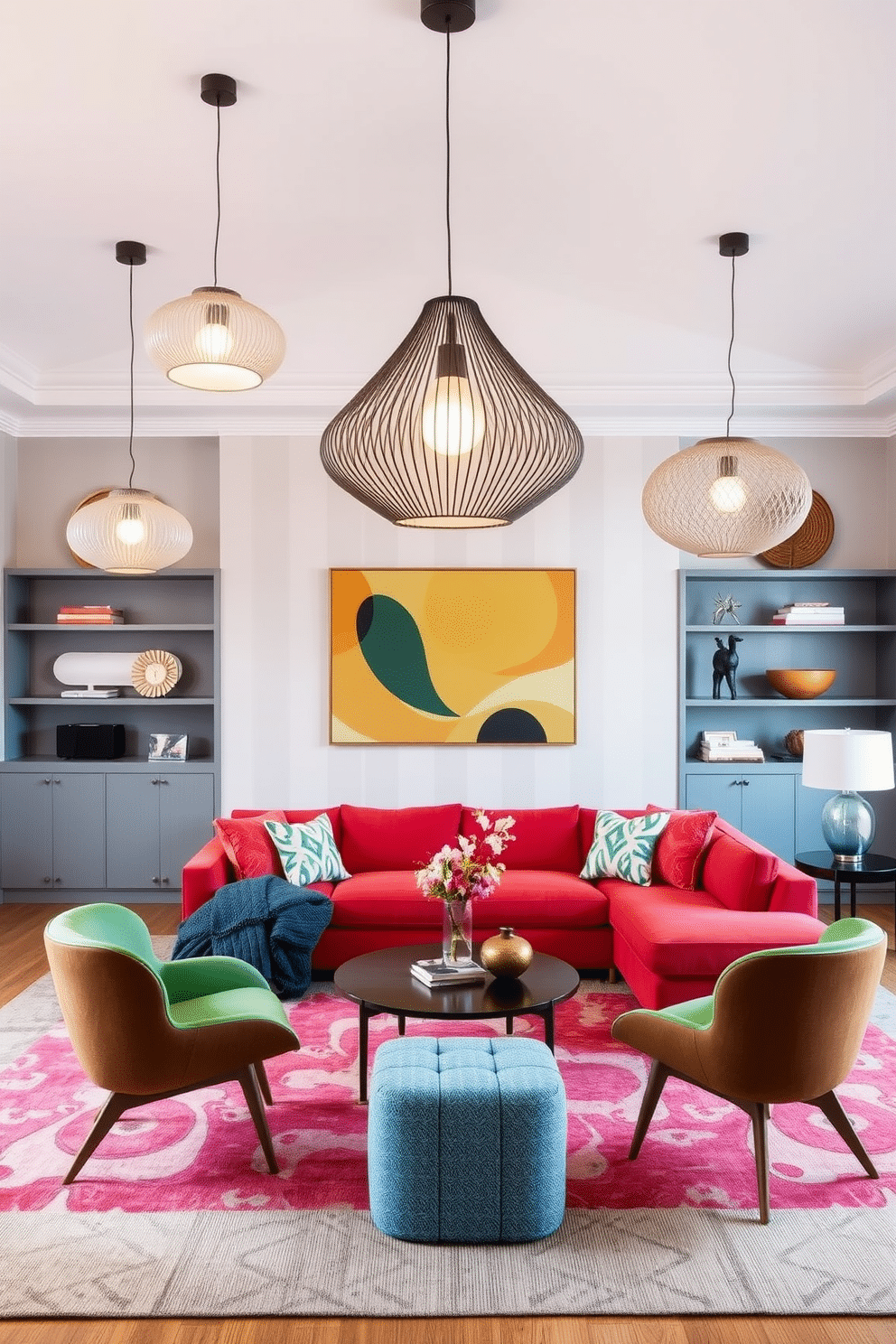 A family room featuring unique light fixtures that serve as conversation starters. The space is designed with a Mid-Century Modern aesthetic, showcasing a mix of vibrant colors and organic shapes. The room includes a large sectional sofa in a bold hue, complemented by a pair of iconic armchairs. A striking pendant light hangs above the coffee table, drawing attention and adding character to the space.